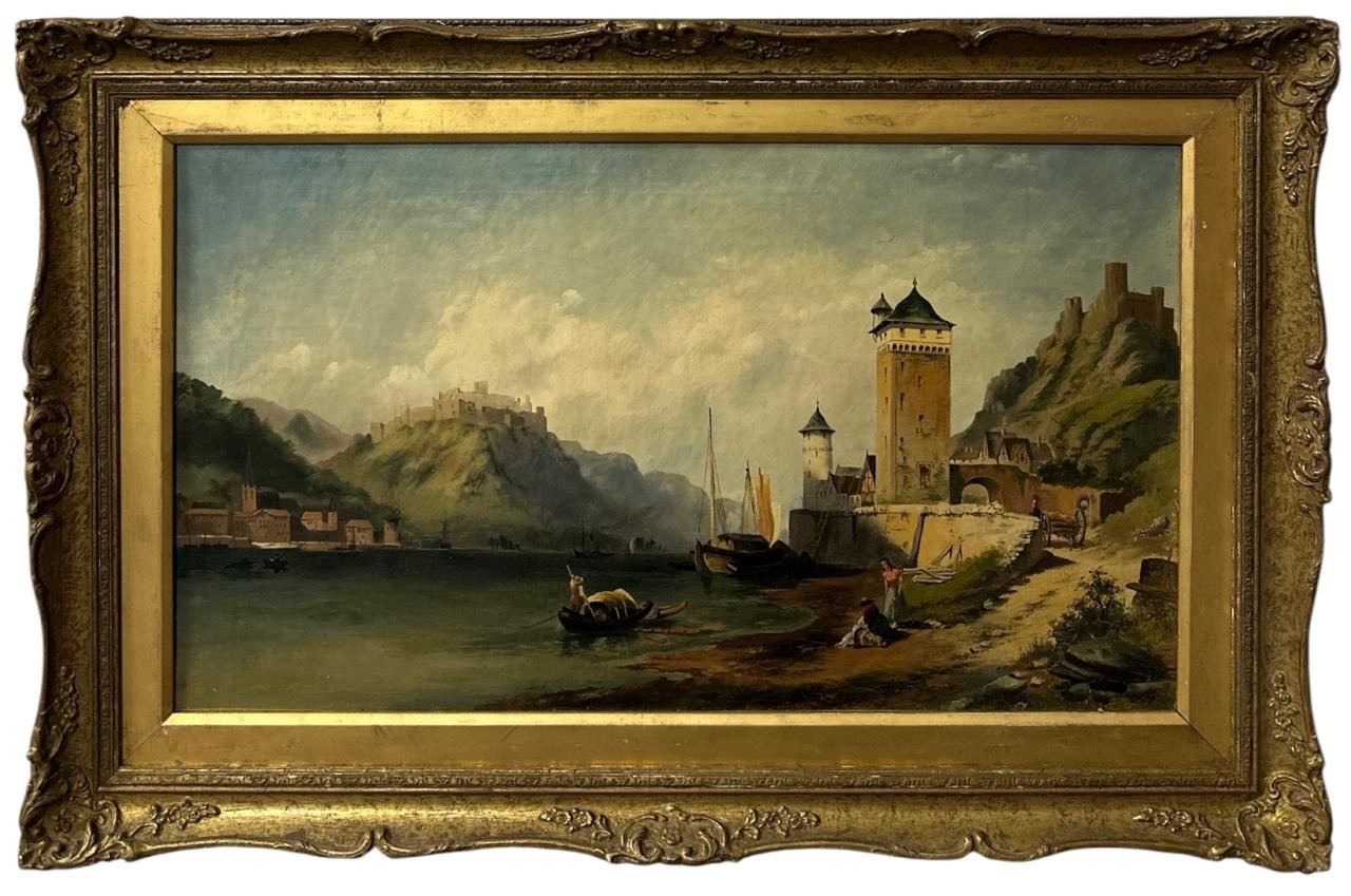 Continental School On the Rhine 19th Century Oil on Canvas River Landscape