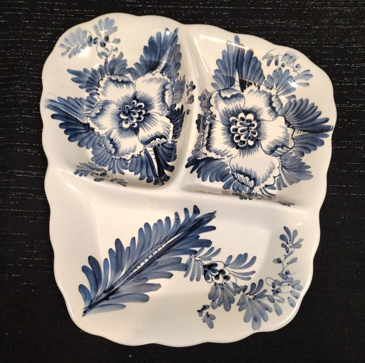 VTG, Hand Painted, Ceramic, Divided Serving Dish, Italian, Blue & White, Floral