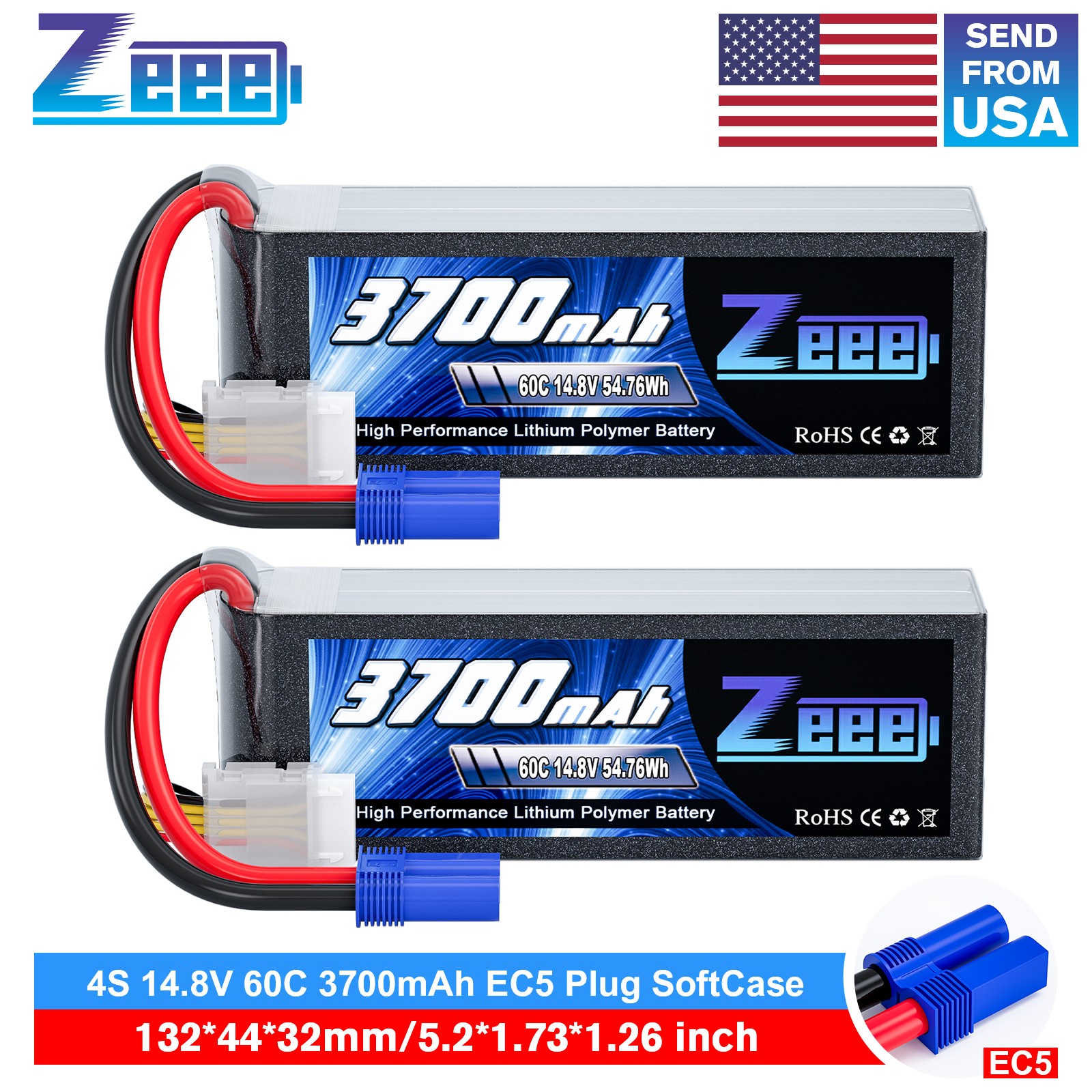 2x Zeee 4S Lipo Battery 60C 3700mAh EC5 14.8V for RC Heli Airplane UAV Drone Car