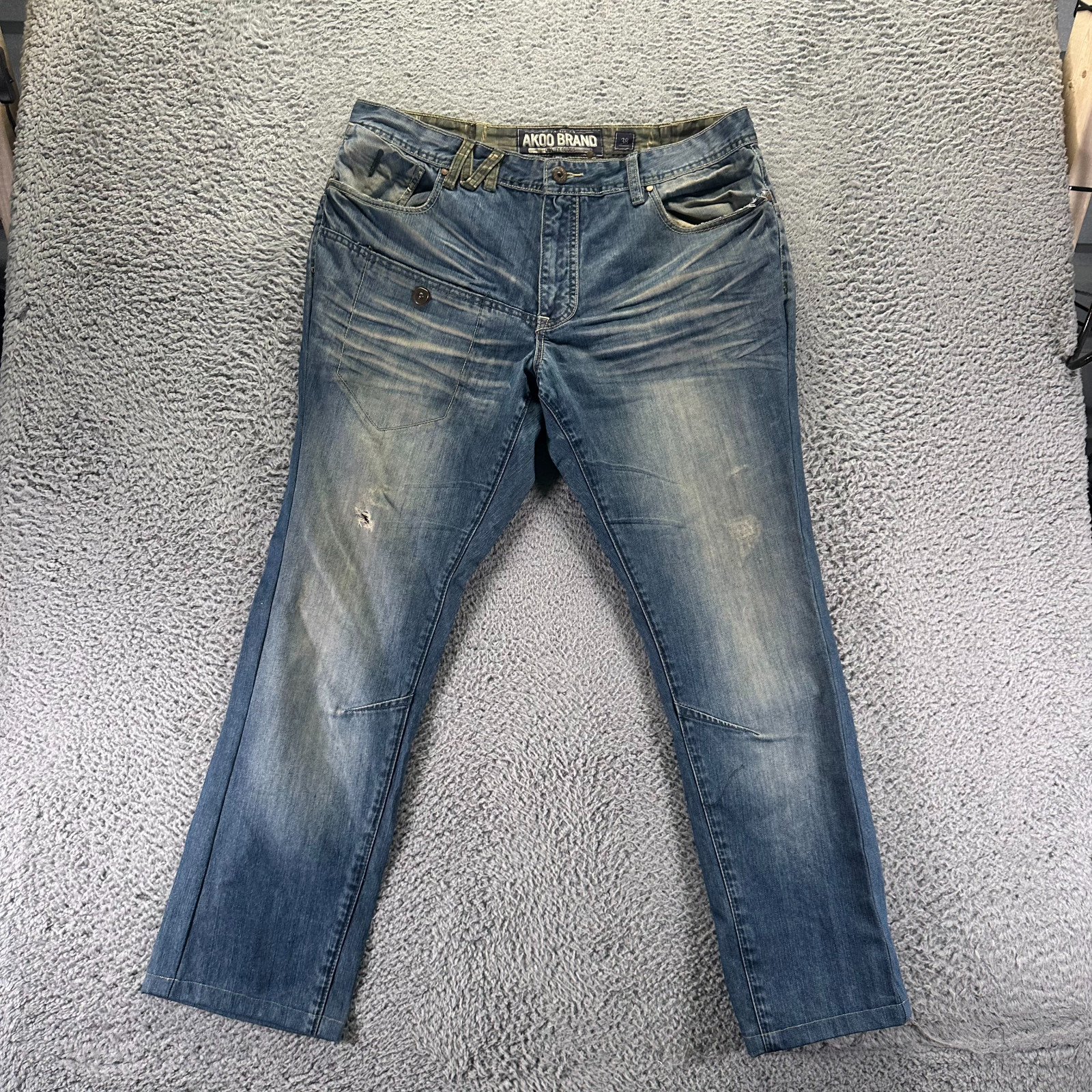 Vintage Akoo Jeans Men 38x30 Blue Cotton Denim Straight Faded Whiskered Workwear