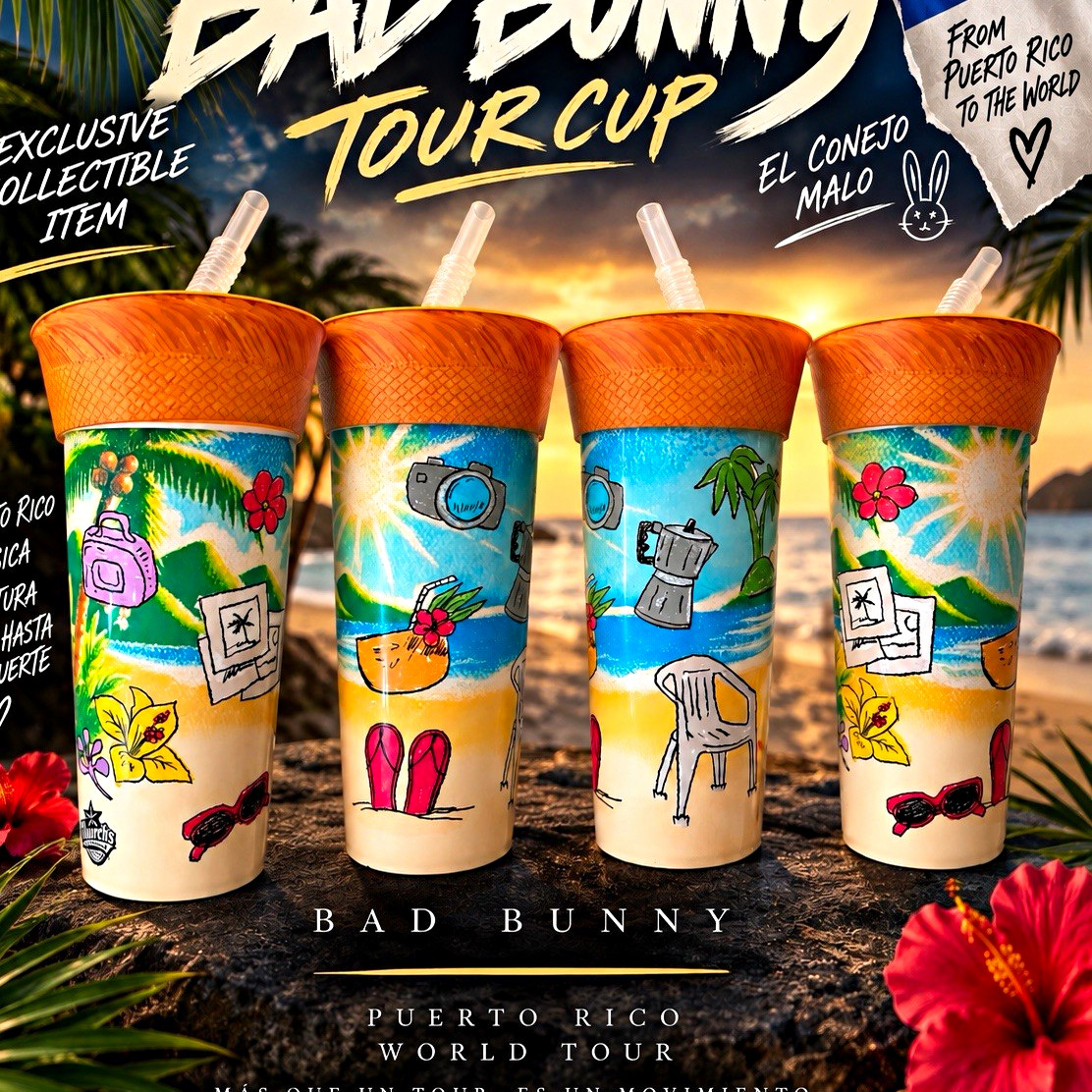Bad Bunny Tour Cup 24oz Plastic Tumbler w/ Lid & Straw, Puerto Rico World Tour