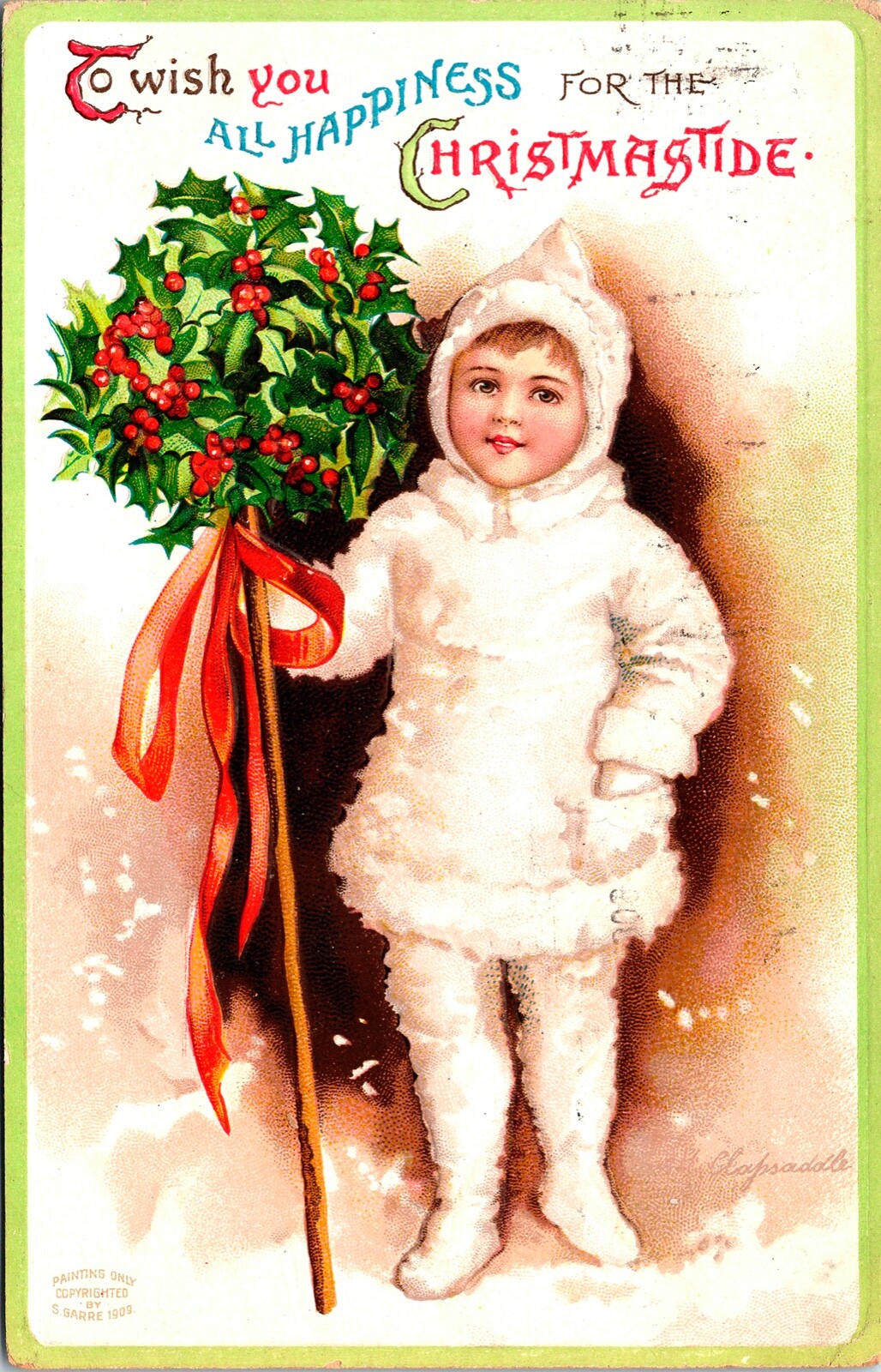 Vintage 1909 Ellen Clapsaddle Cute Child in White Fur Coat Christmas Postcard Vintage 1909 Ellen Clapsaddle Cute Child in White Fur Coat Christmas Postcard