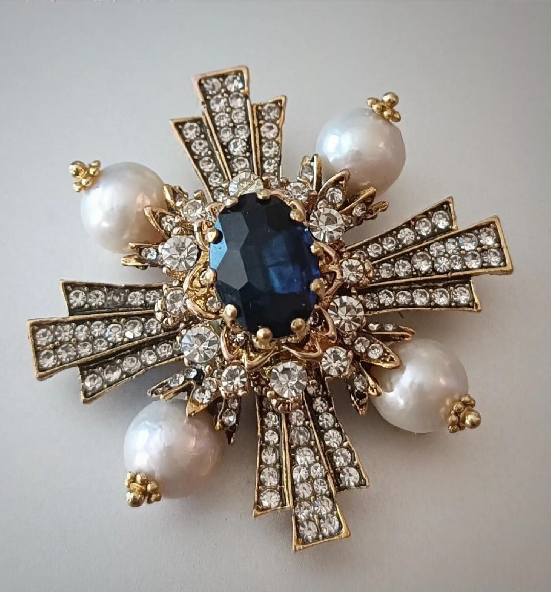 Antique/ Vintage 14K Yellow Gold Plated Signed Sapphire and Pearl Brooch Pendant