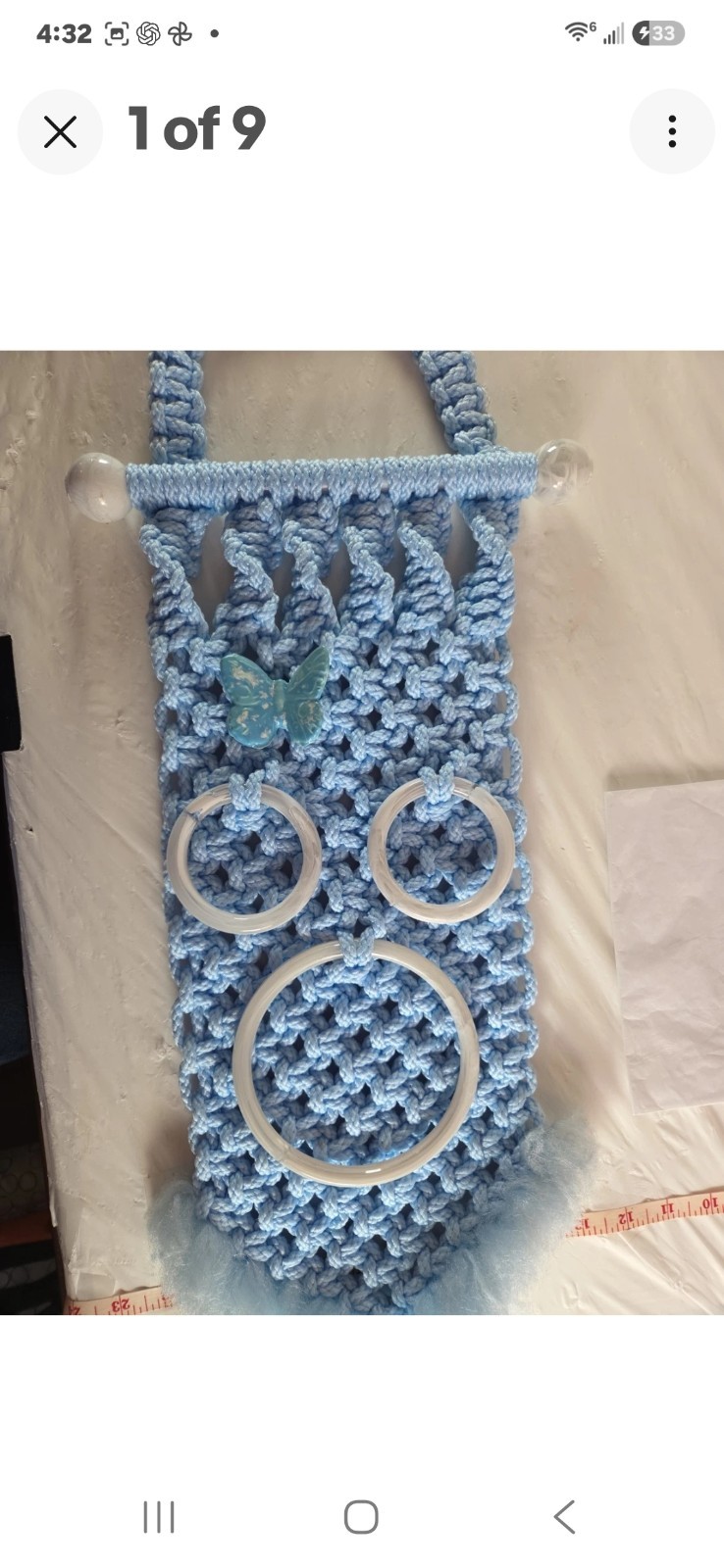 Vintage 1970s Blue Macrame Towel Holder 3 Rings Butterfly Boho Retro Wall Decor
