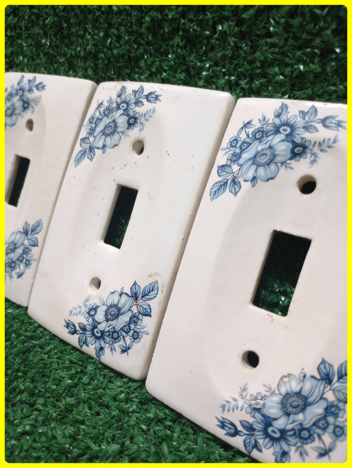 Vintage 1980\'s Porcelain Light Switch Plate Cover Blue Flower Set Of 3 & Screws