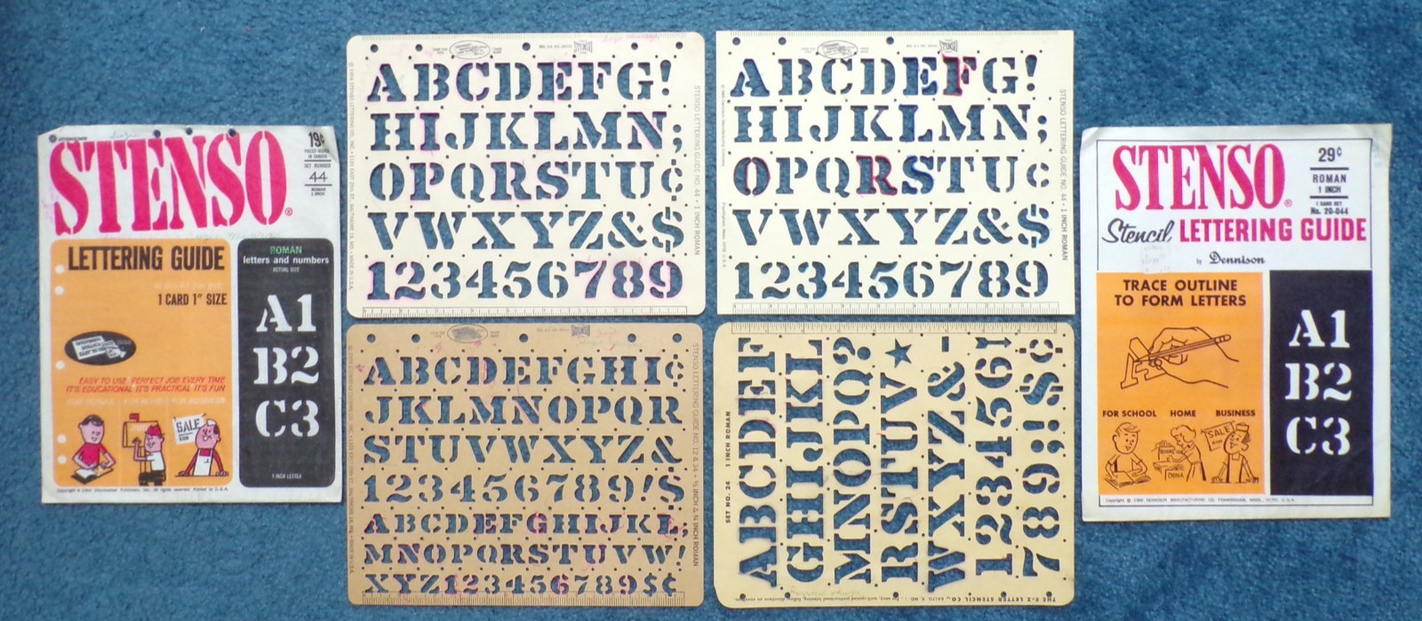 VINTAGE 1958-1965 DENNISON OTTENHEIMER 4 ALPHABET NUMBER STENSOS IN 2 SLEEVES