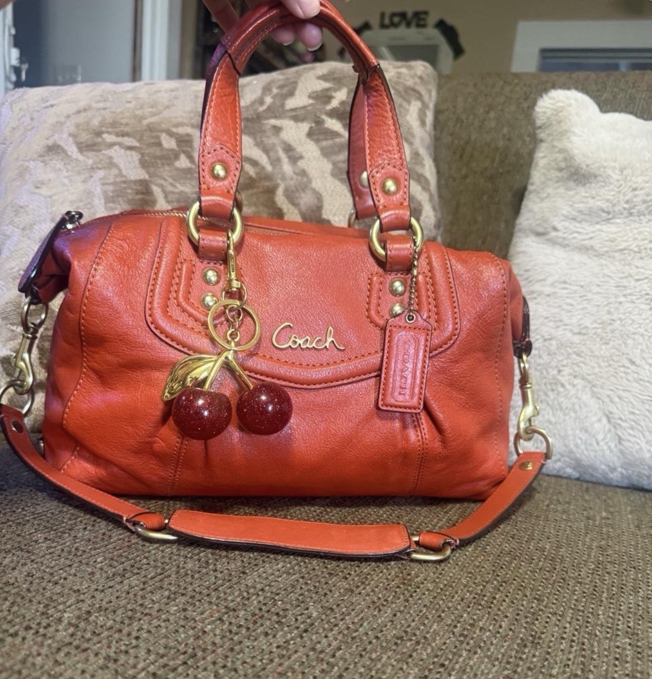 Coach F19247 Ashley orange pebbled leather convertible purse w/strap w/dust bag