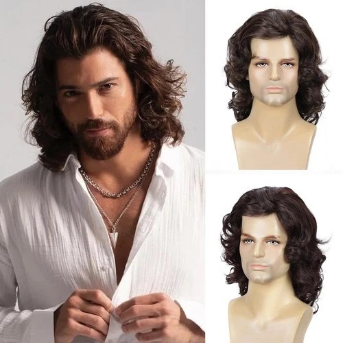 Long Hair Wig for Men Men\'s Brown Wig Natural Wavy Curly 70s 80s Rocker Cospl.