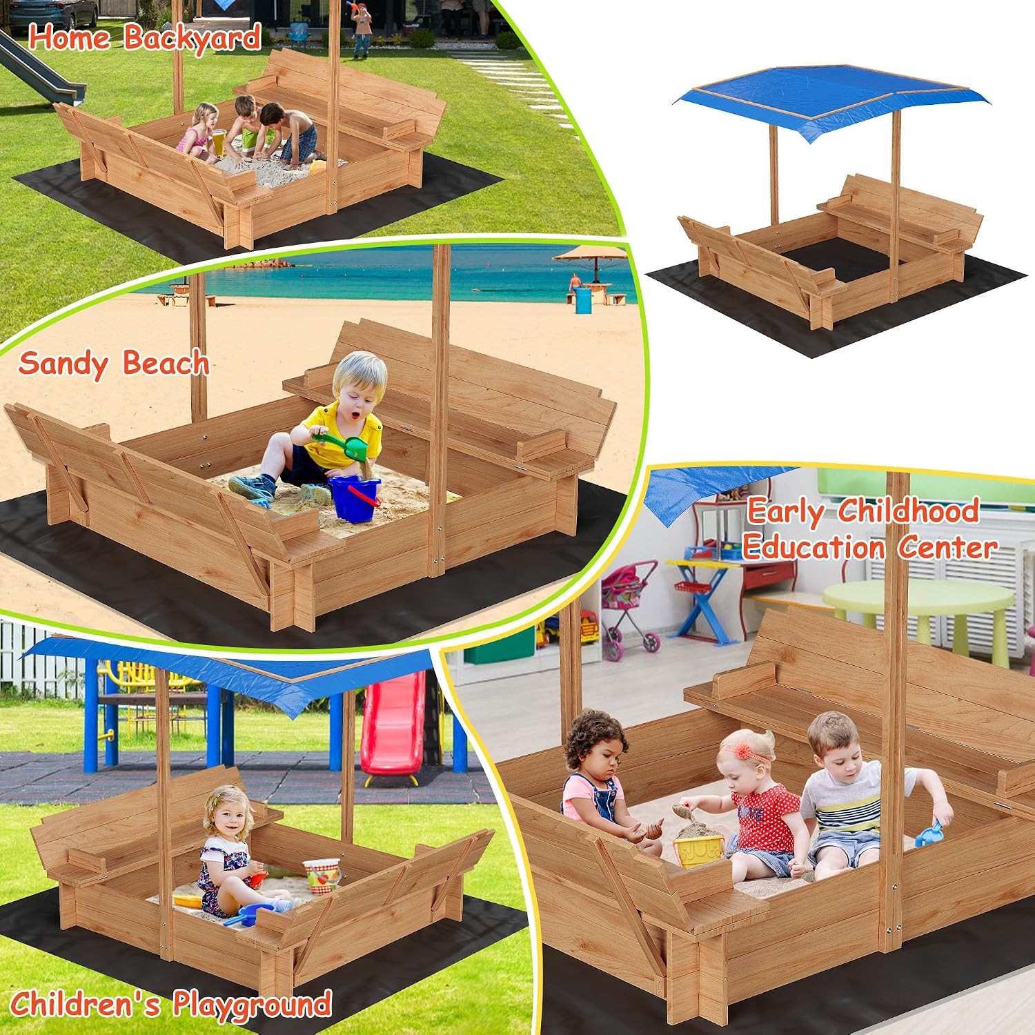 Kids Sandbox with Lid & Cover Wooden Sand Box Outdoor for Beach Patio Backyard