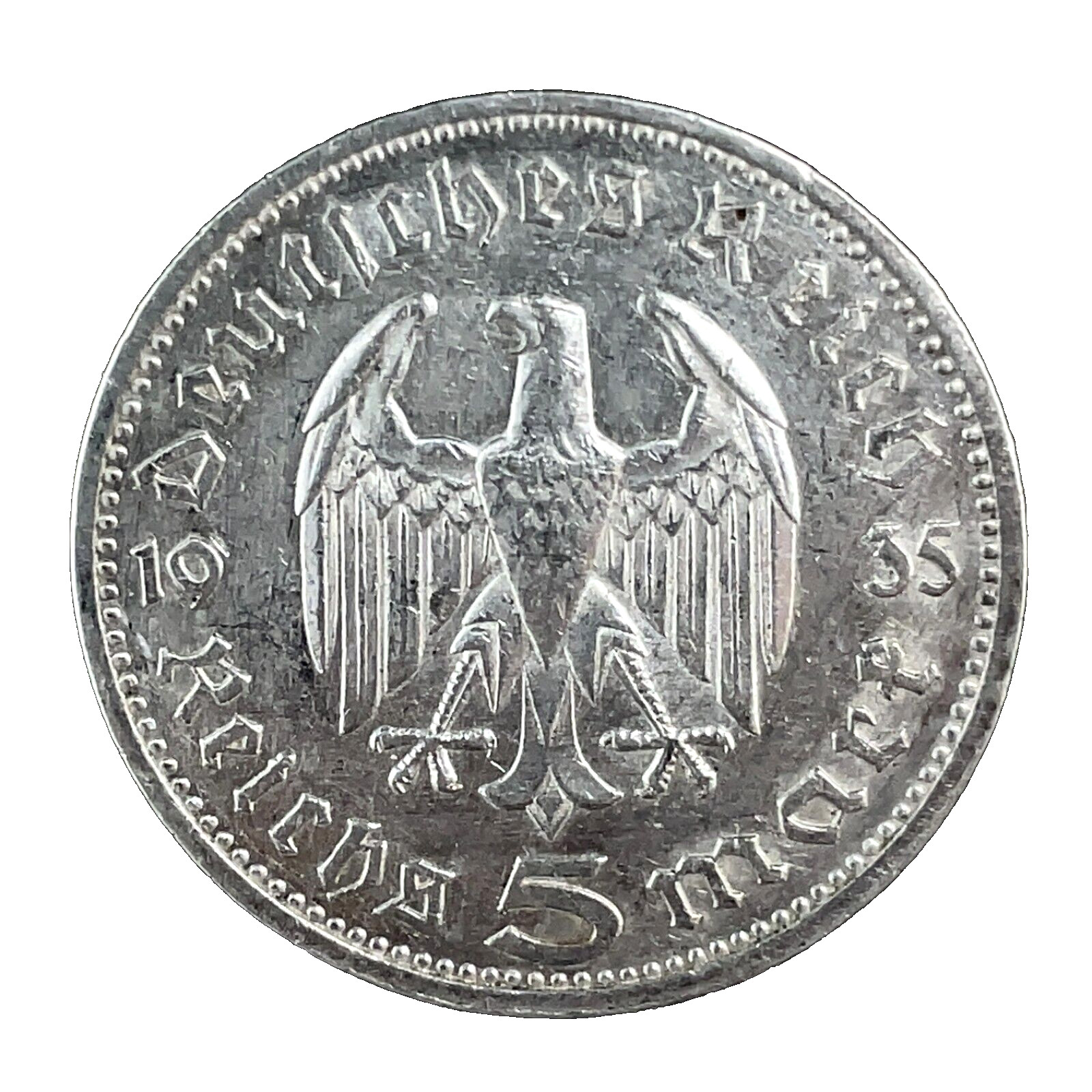 1935-E Germany Third Reich 0.900 Silver 5 Reichsmark Coin KM#86