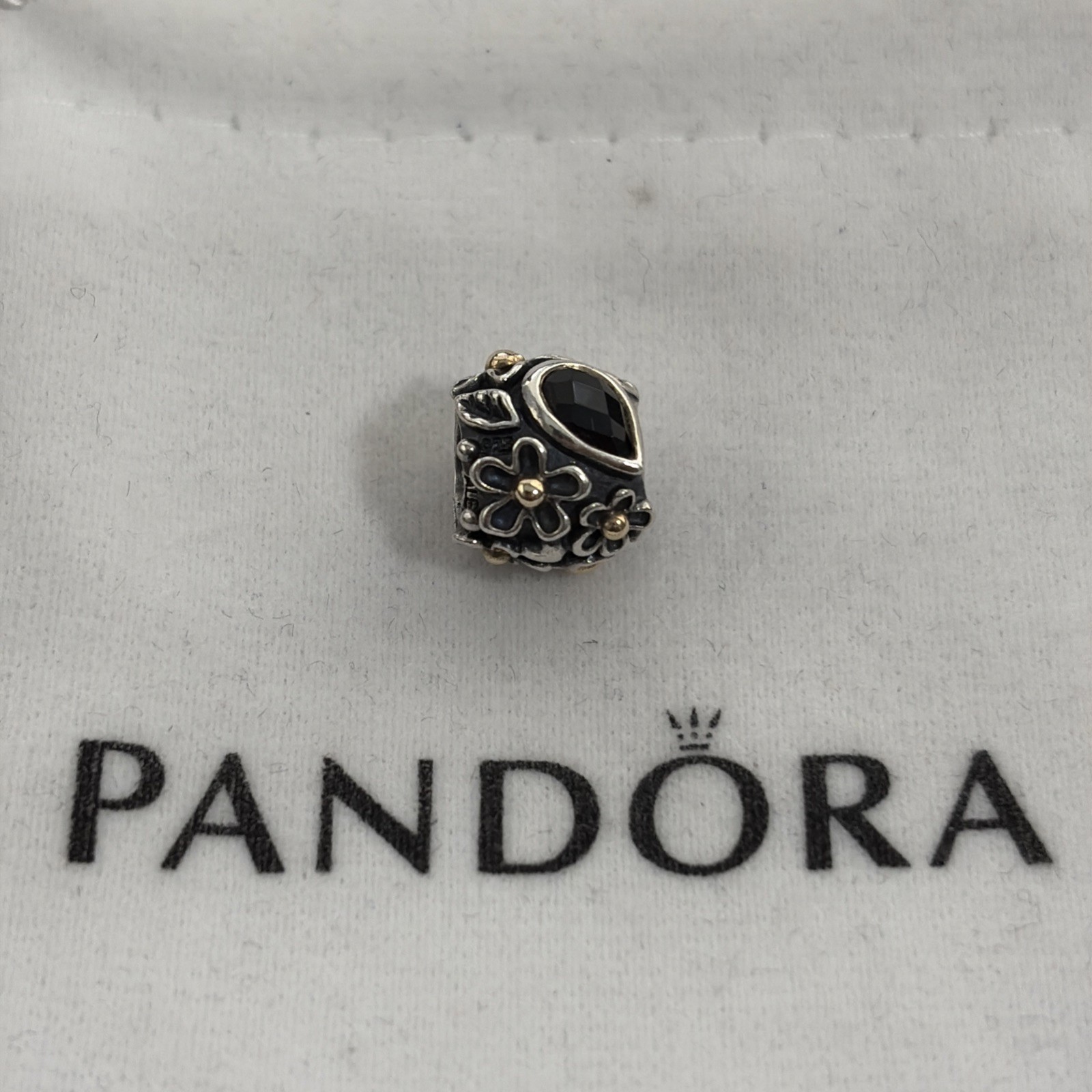 RARE Retired Pandora Two-Tone Dew Drops on Flowers Onyx Diamond Charm 790540O