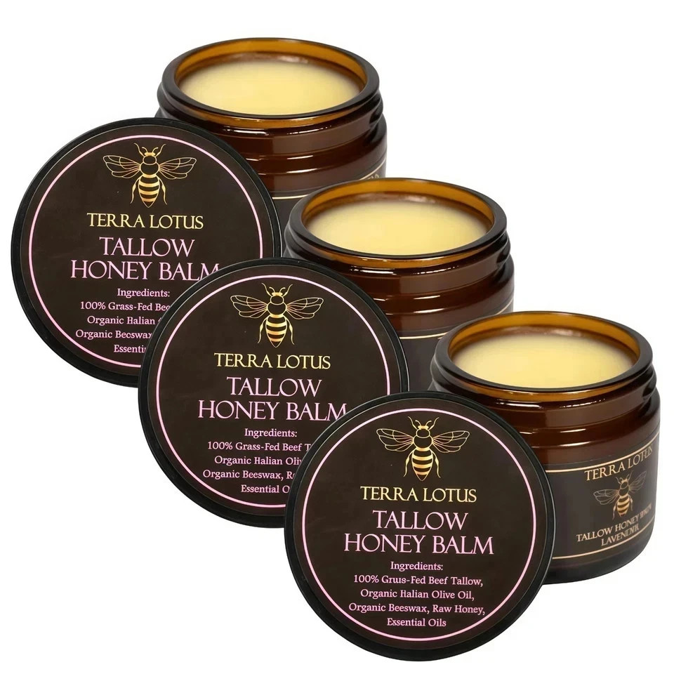 3PC Organic Grass-Fed Beef Tallow Balm with Raw Honey Lavender Skin Moisturizer 3PC Organic Grass-Fed Beef Tallow Balm with Raw Honey Lavender Skin Moisturizer