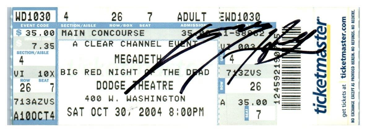 Megadeth Autographed Concert Ticket Stub October 30 2004 Phoenix Arizona
