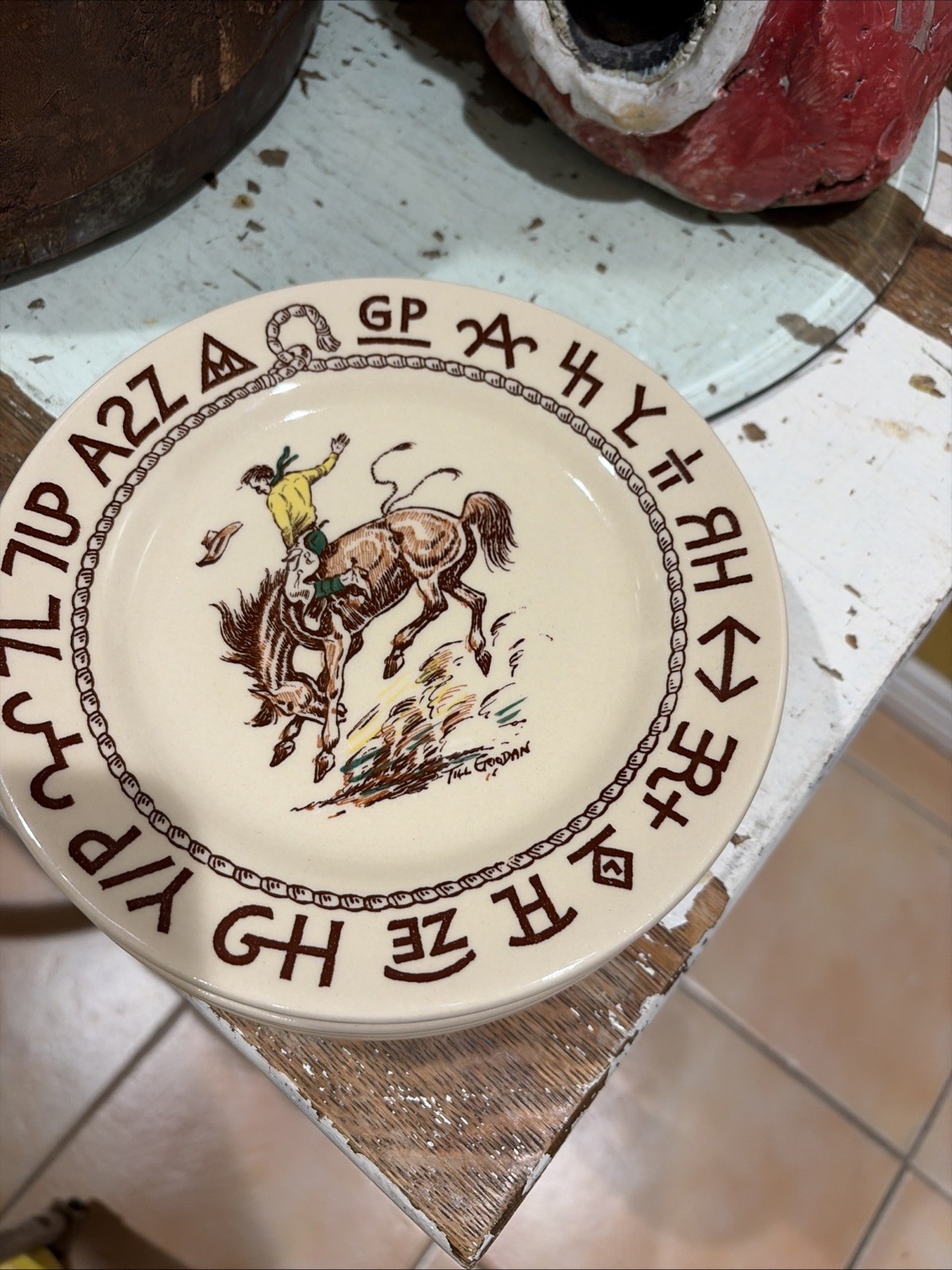 Vintage Wallace China Westward Hi Rodeo Salad Plate 7 1/4” Till GOODAN Cowboy