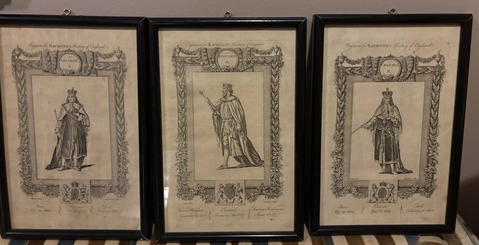 3 Framed Raymond’s Engravings History England: Charles II, Edward III, George II