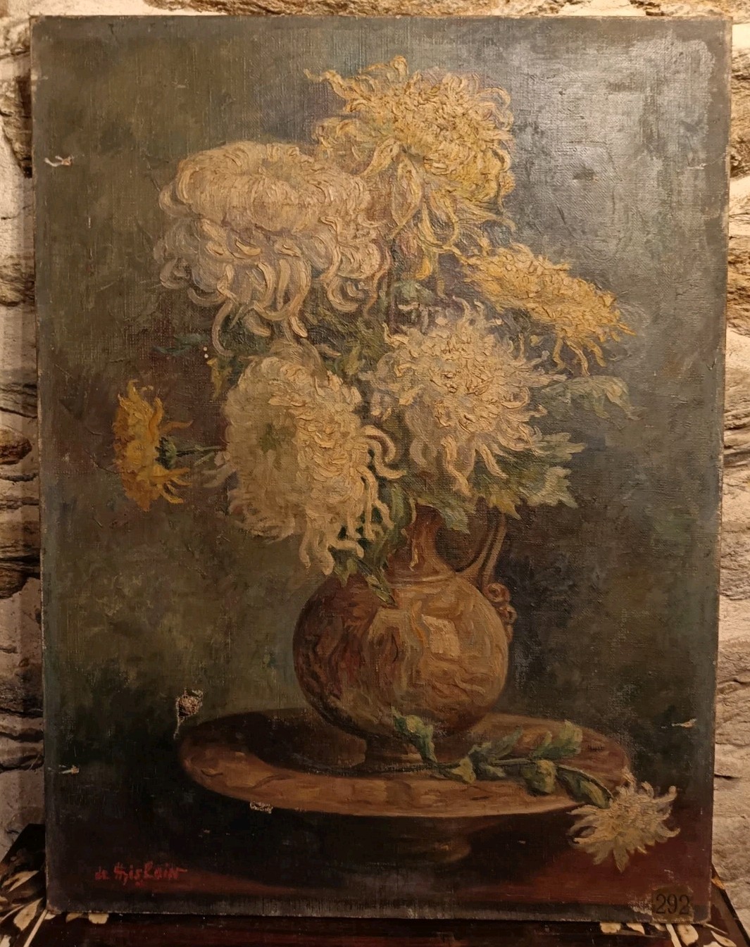 French School 19th Century Still Life With Chrysanthemums Oil on Canvas 61x46