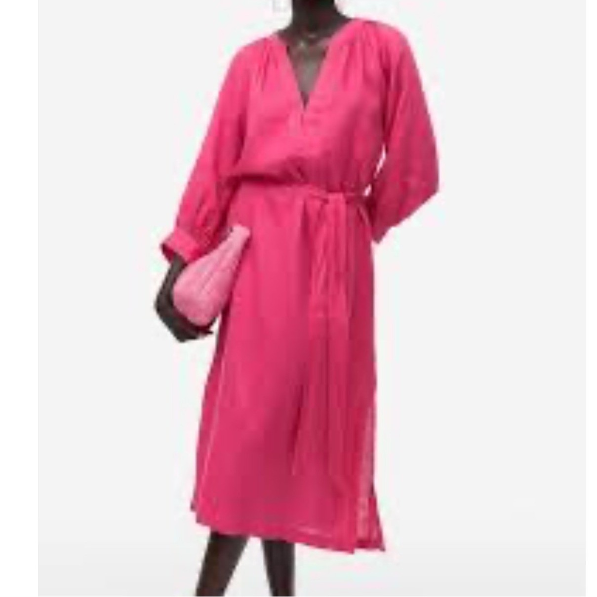 NWT H&M Cerise 100% Linen Dress Size L Pink Tie-Belt Midi Balloon Sleeve Slit