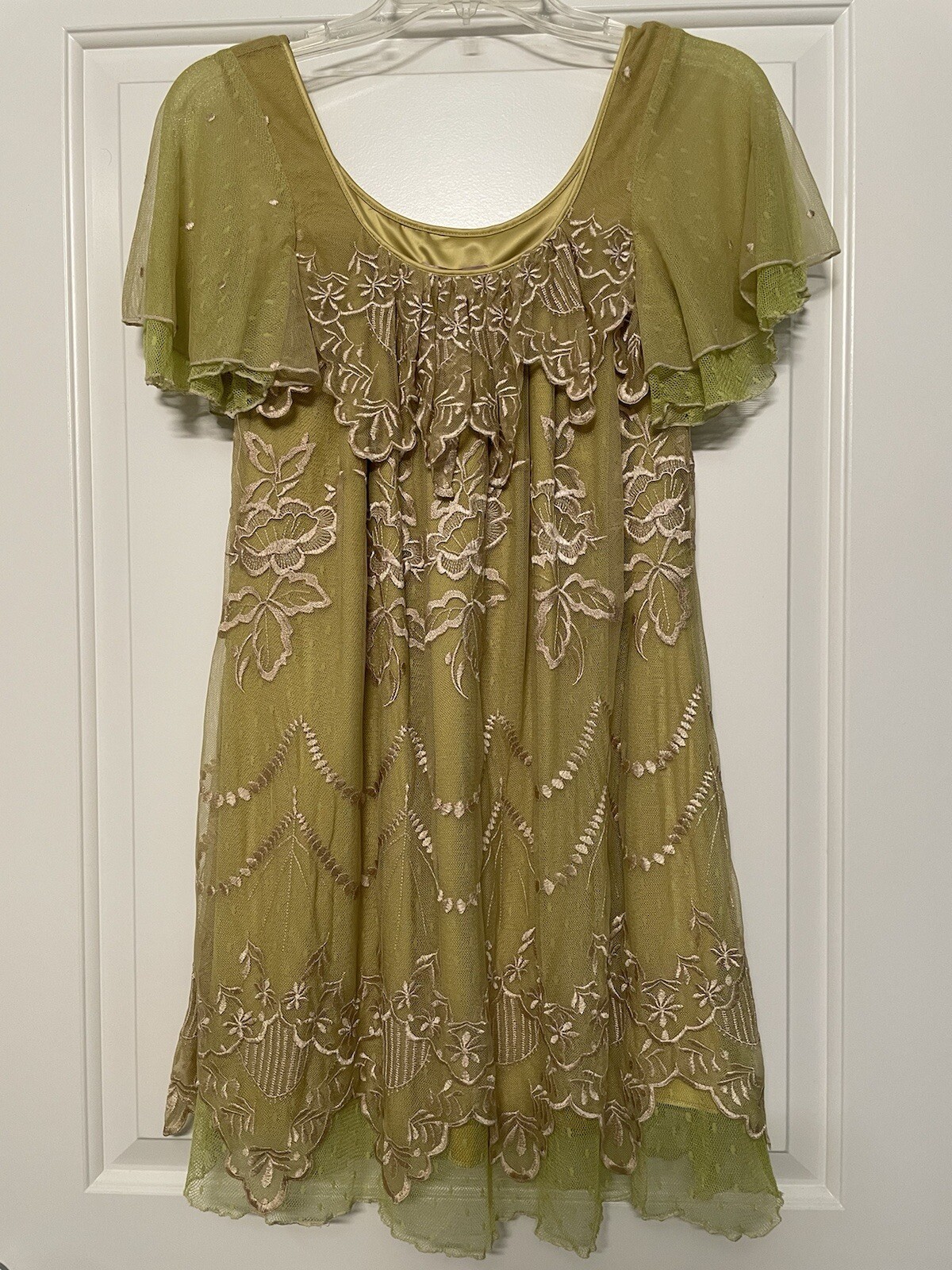 NEW DARLING Vintage Style Embroidered Mesh Swing Dress Size XS, Mustard Green