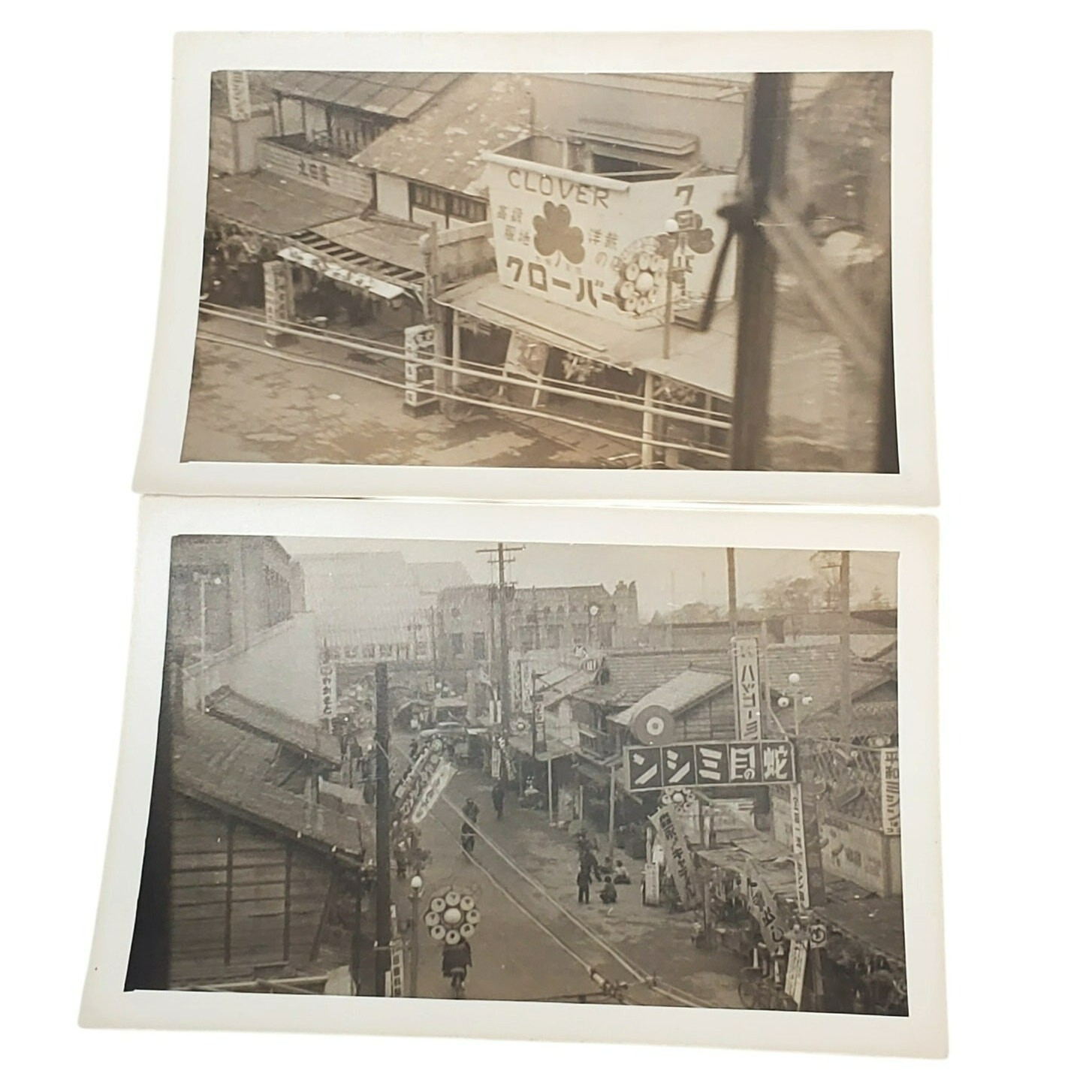 Vtg Monochromatic Asian Market Street Clover Store Lot of 2 B&W Photos 3 x 4.75\