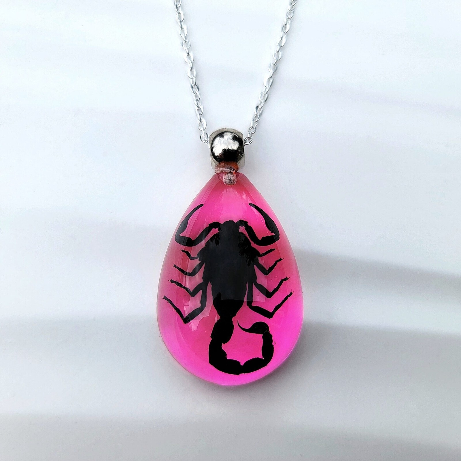 Black Scorpion Pink Resin Necklace, Real Insect Jewelry, Heterometrus Spinifer
