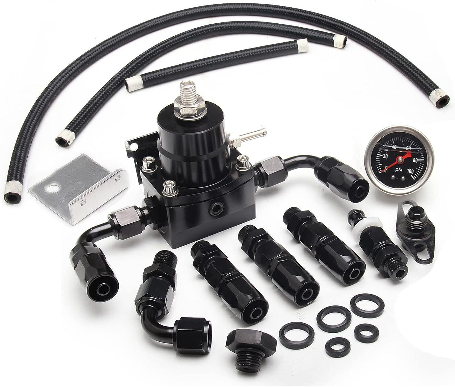 Universal Black Adjustable Fuel Pressure Regulator Kit 100psi Guage AN6 Fitting
