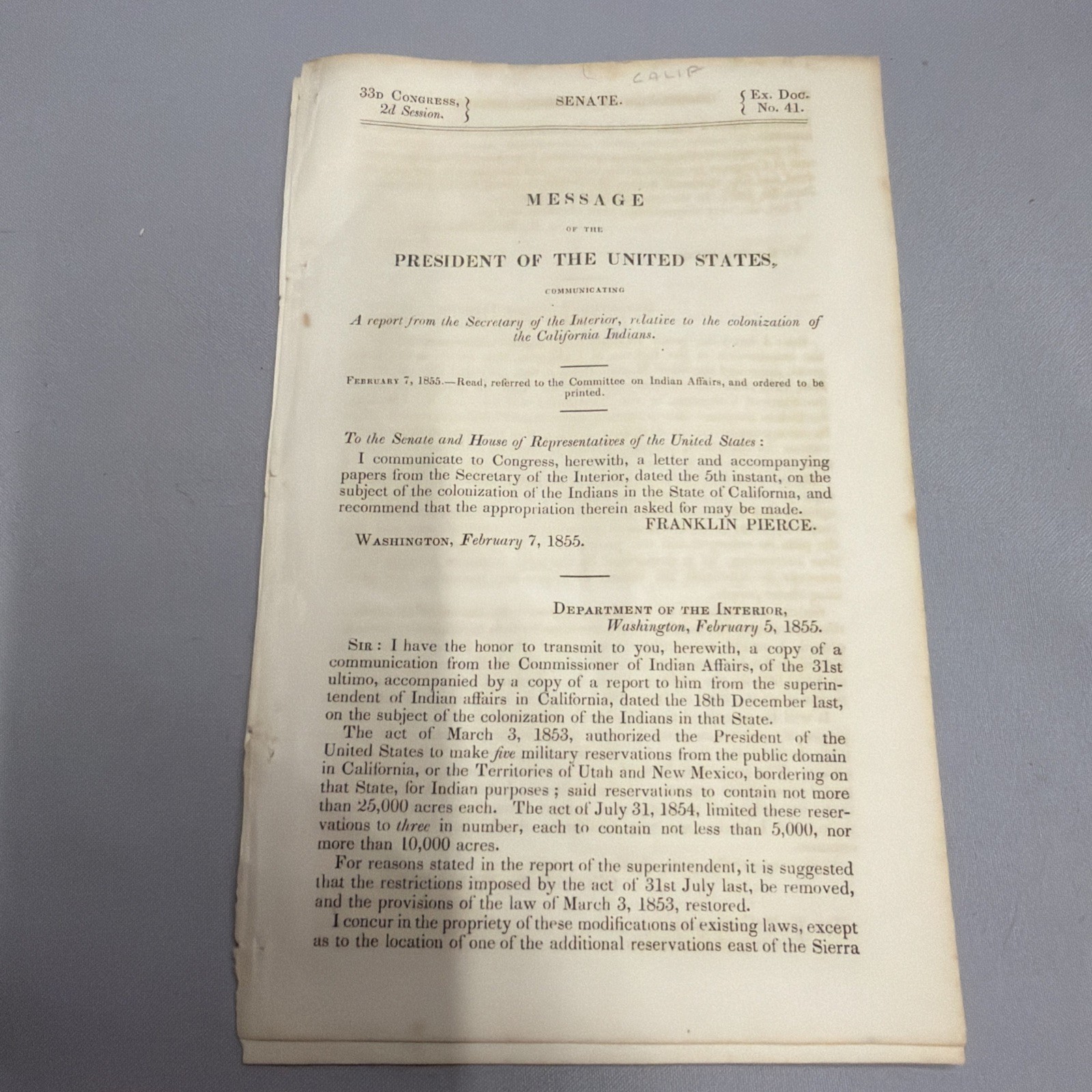 Department Of The Interior Colonization Of California Indians Pamphlet 1855