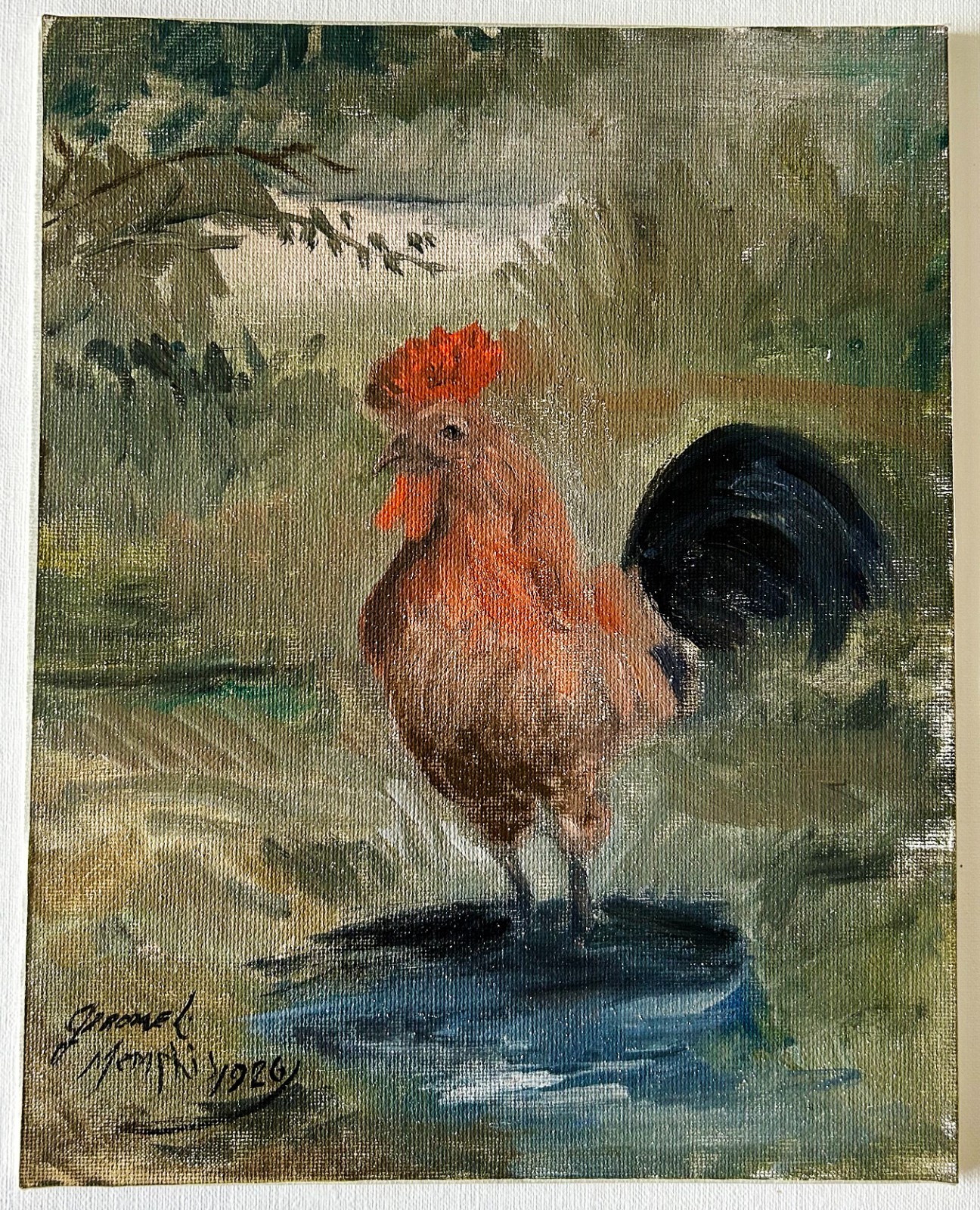 Antique 1926 Signed Oil Painting Rooster Folk Art Farmhouse Memphis Original