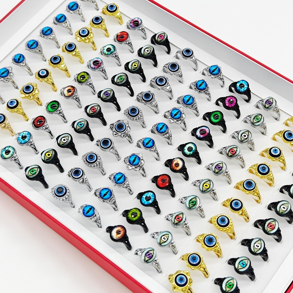 Wholesale 50/100pcs Mix Design Eye Rings Evil Eyeball Party Finger Jewelry Bulk Wholesale 50/100pcs Mix Design Eye Rings Evil Eyeball Party Finger Jewelry Bulk