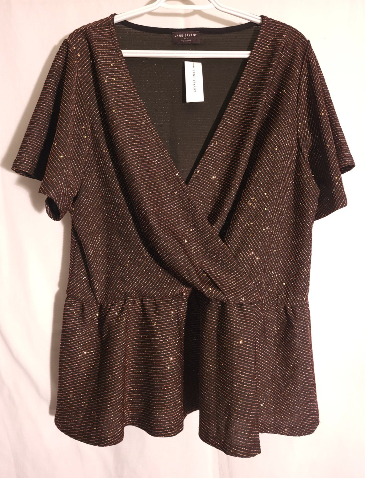 Lane Bryant-NWT-Black Rose Pink Gold Sparkle Striped Crossover Peplum Top-3X