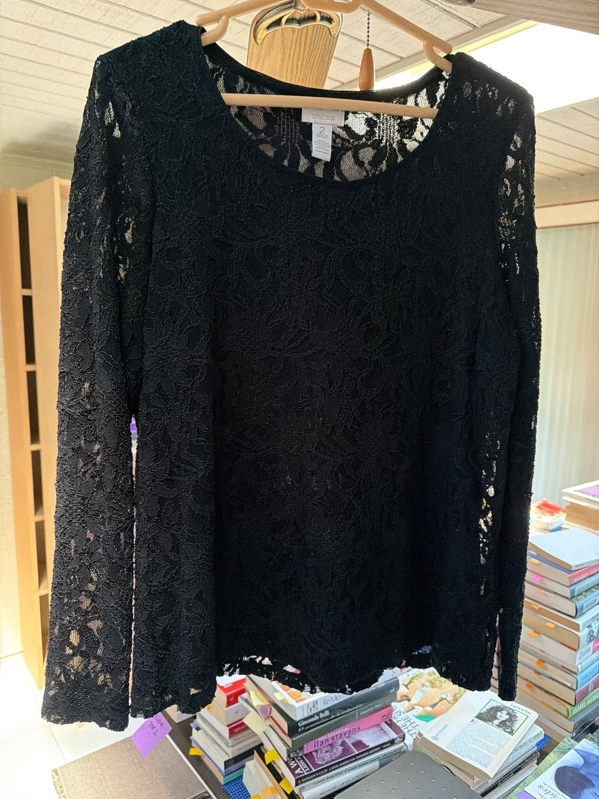 Chico’s black lace, long sleeve top sz2 Chico’s black lace, long sleeve top sz2