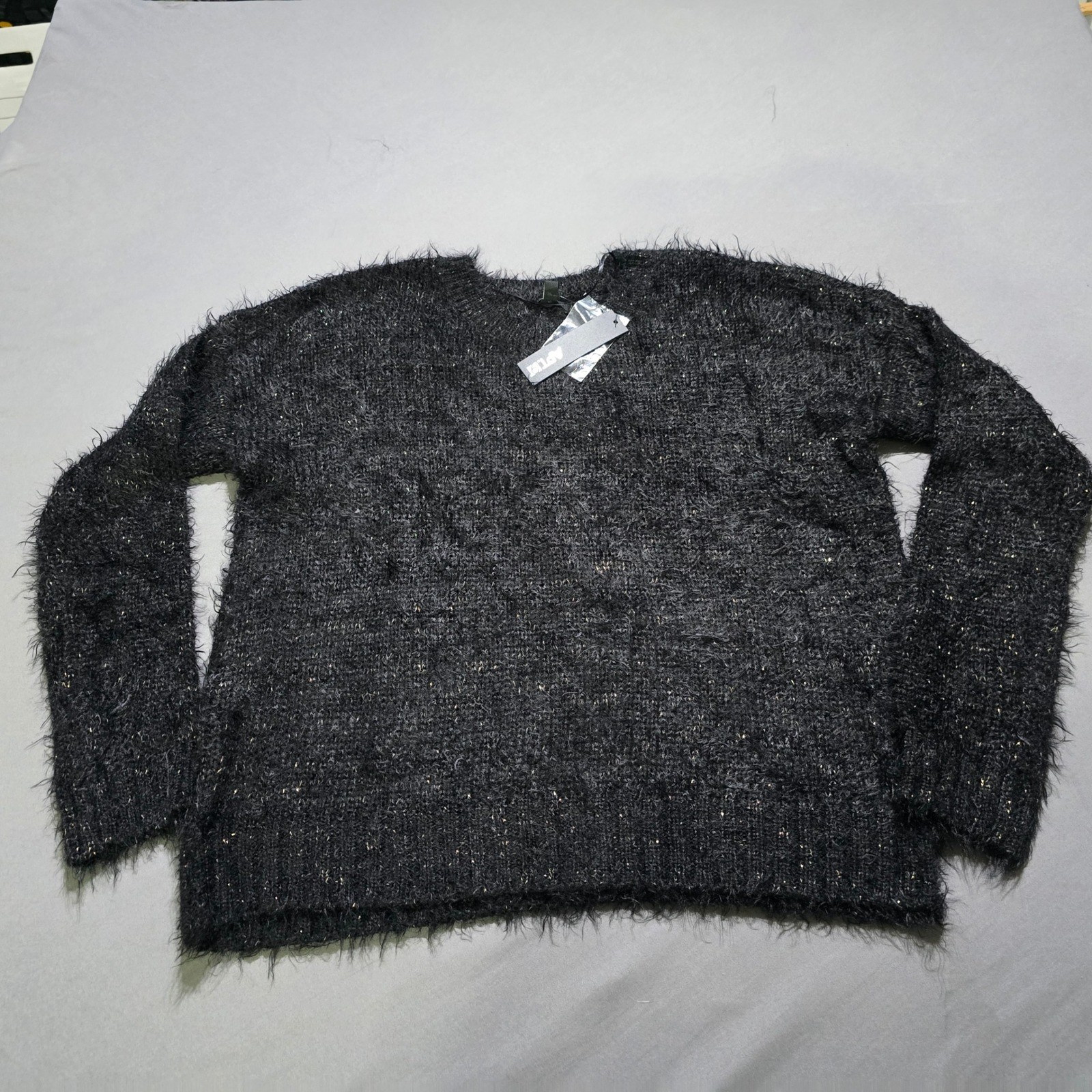 Pullover Sweater Womens XL Black Lurex Plush Eyelash Knit  Fuzzy Soft