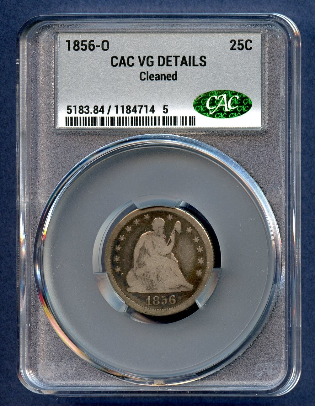 1856 O CAC VG Details Seated Liberty Quarter 25c US Mint Coin Silver 1856-O CACG 1856 O CAC VG Details Seated Liberty Quarter 25c US Mint Coin Silver 1856-O CACG