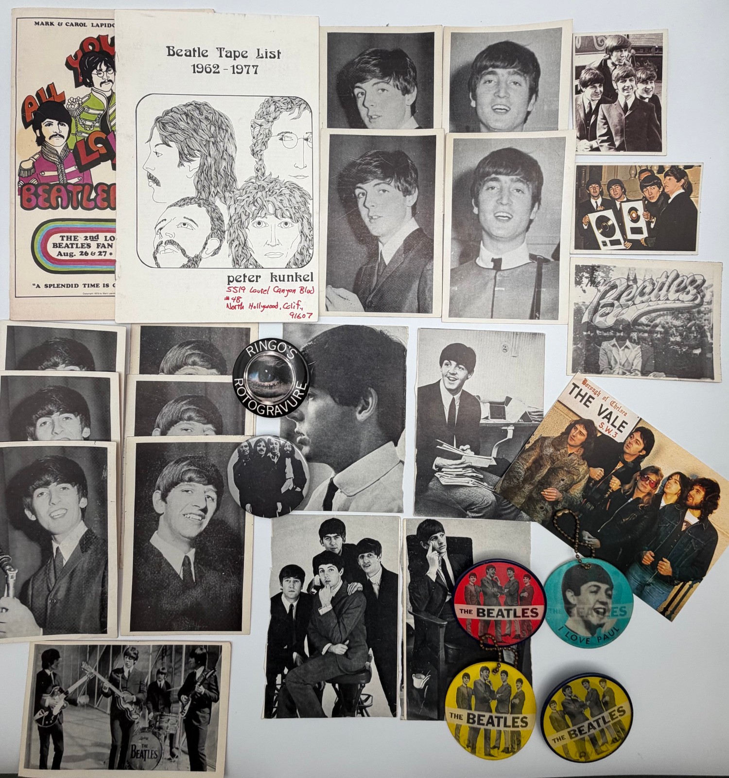 Vintage Beatles Lot Stickers Fanzines Vari-Vue Pins Postcard Cut Outs