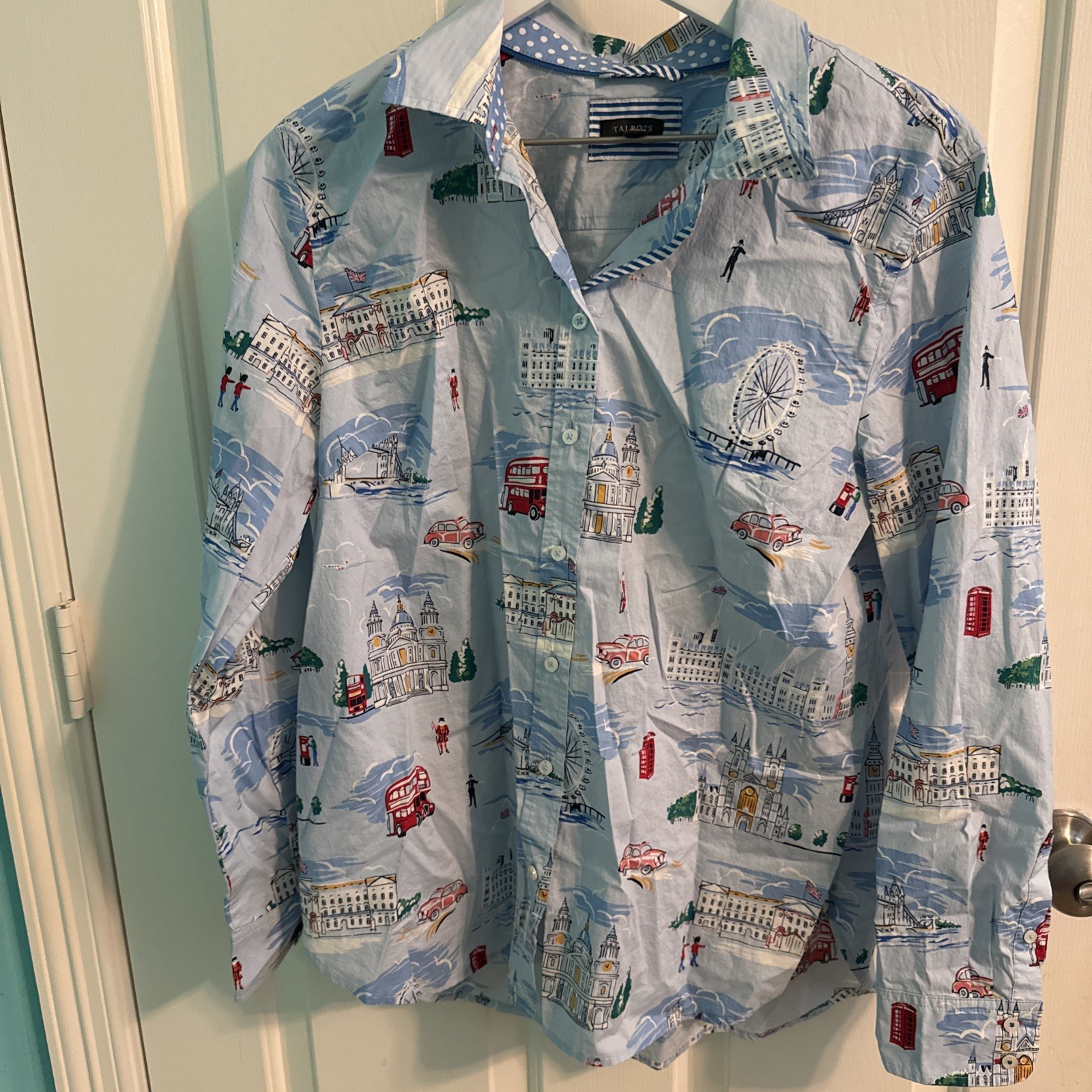 Talbots London City Scene Clocks Button Up Classic Cotton Shirt Plus Size L
