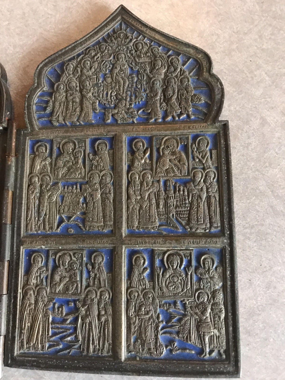 19th century RUSSIAN ORTHODOX BRONZE ENAMEL FOLDING TRAVELER ICON antique 19th century RUSSIAN ORTHODOX BRONZE ENAMEL FOLDING TRAVELER ICON antique