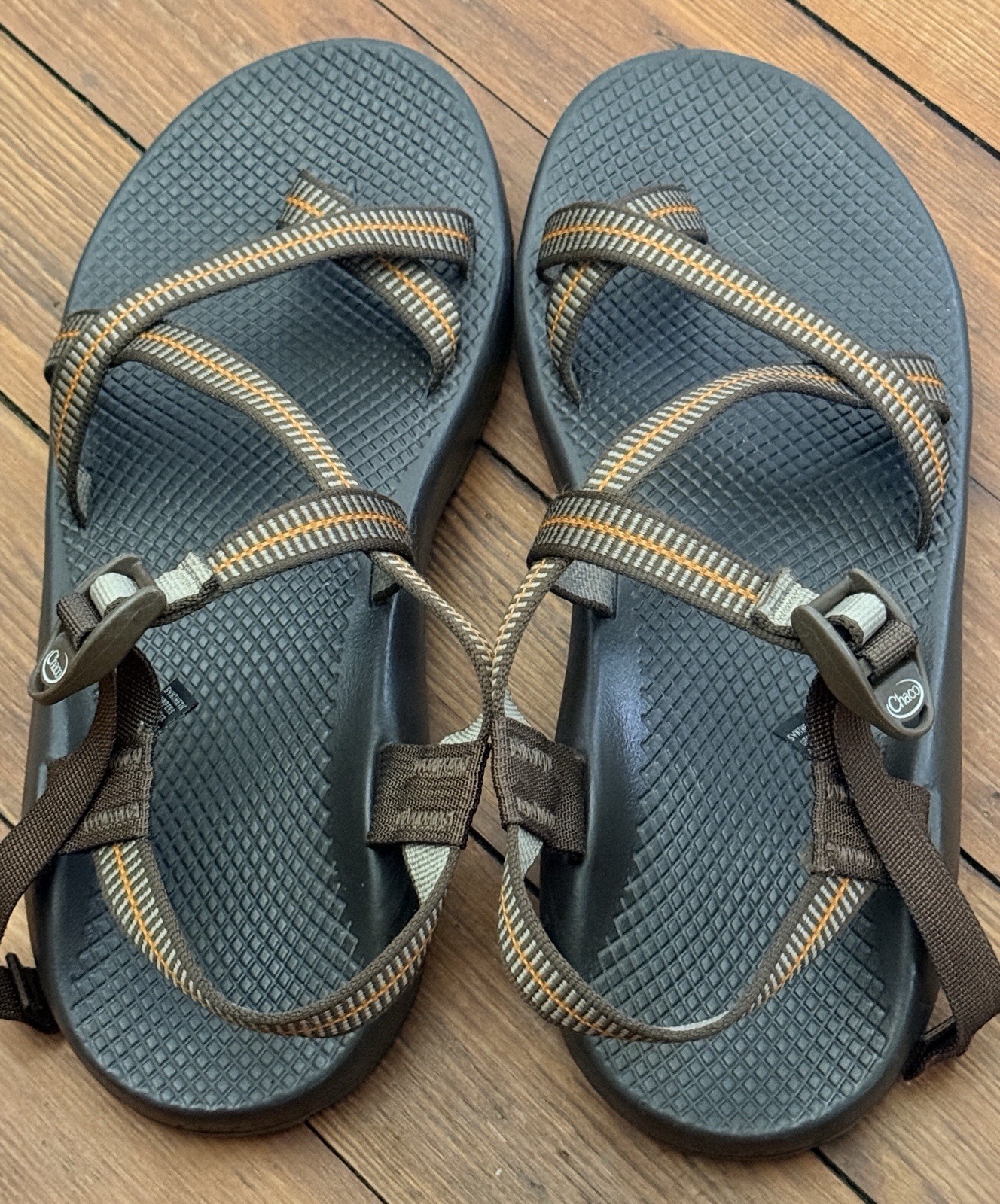 Chaco Men\'s Strappy Sandals Adjustable Hook & Loop Black/Brown/Orange US 11