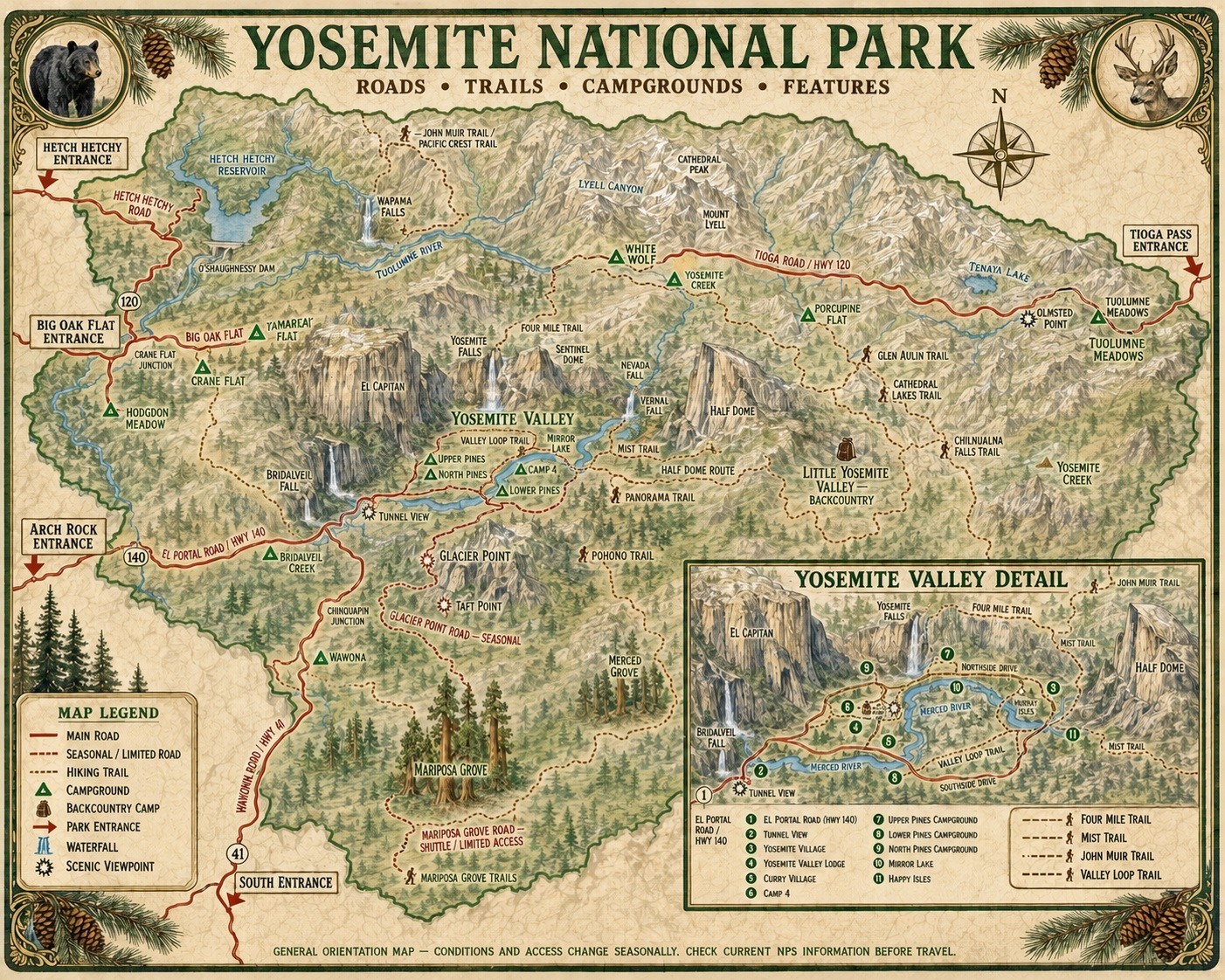 133 Modern Pictorial Map of Yosemite National Park Beautiful Wall Art