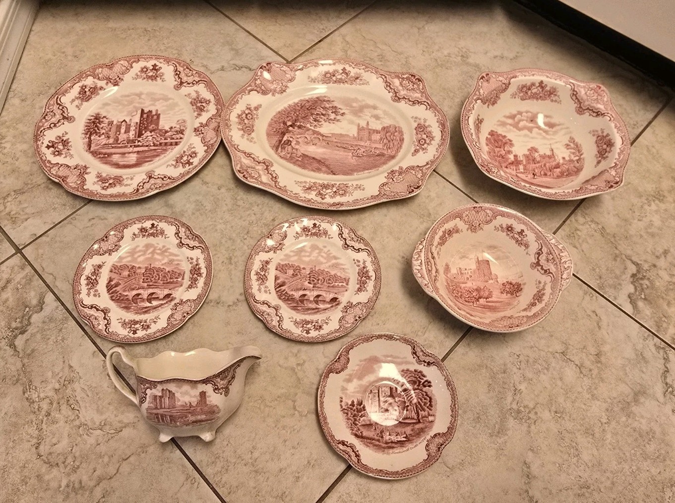 Vintage Johnson Bros Old Britain Castles Pink Red Made in England 7 Piece Set