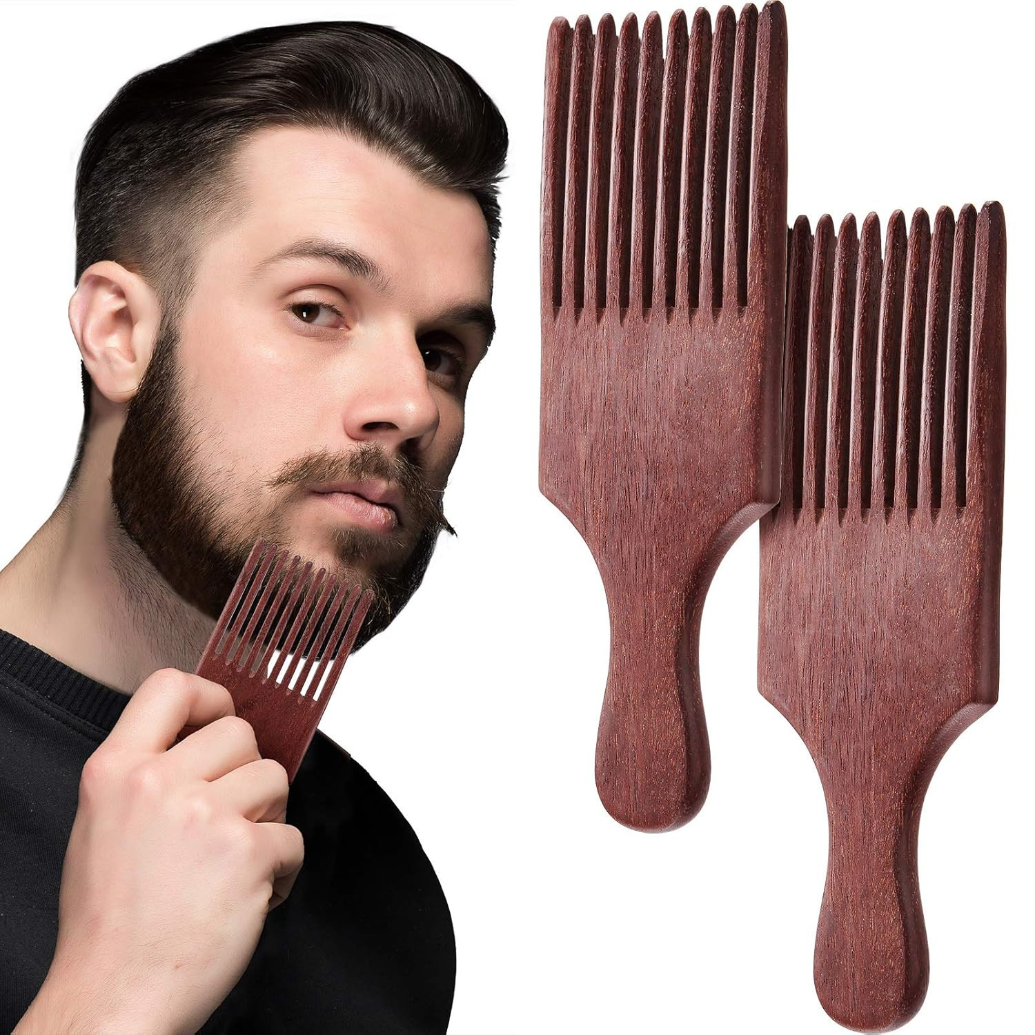 2 Pcs Wooden Beard Pick Afro Beard Comb Wood Hair Pick Long Tooth