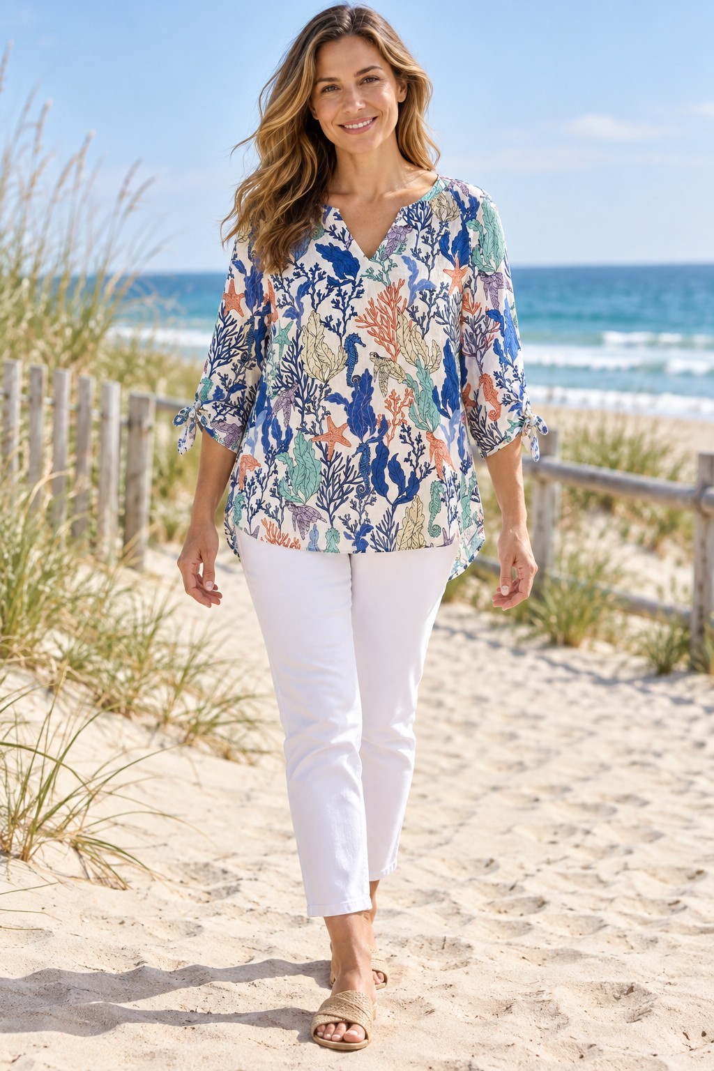 Jones New York Large Linen Blend Blouse Coastal Sea Life Print Tie Sleeve