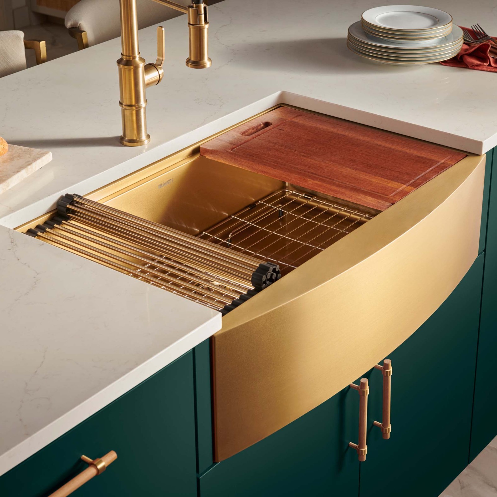 Ruvati 36 inch Matte Gold Workstation Apron-Front Kitchen Sink - RVH9308GG