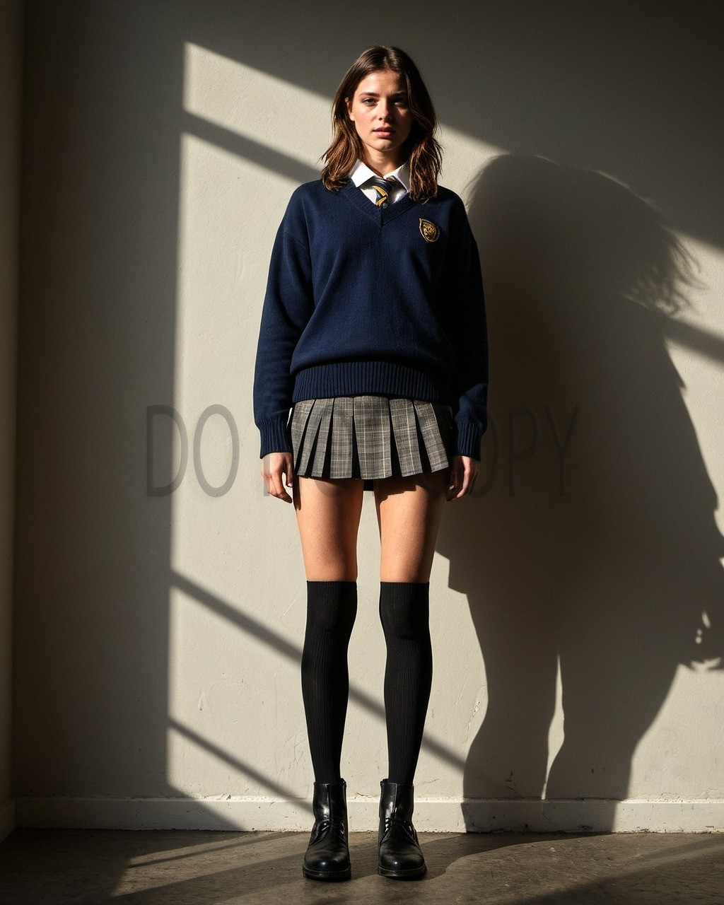 Adult Woman School Uniform Navy Sweater Plaid Skirt Portrait Art Print Adult Woman School Uniform Navy Sweater Plaid Skirt Portrait Art Print