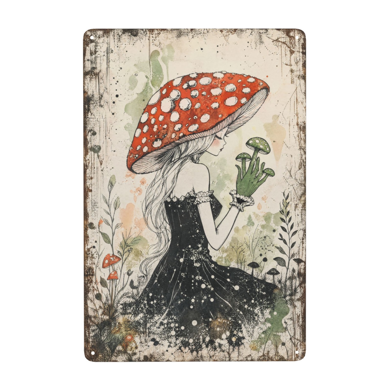 Mushroom Fantasy Forest Decor with Woman Figure and Metal Sign 8x12 Inch