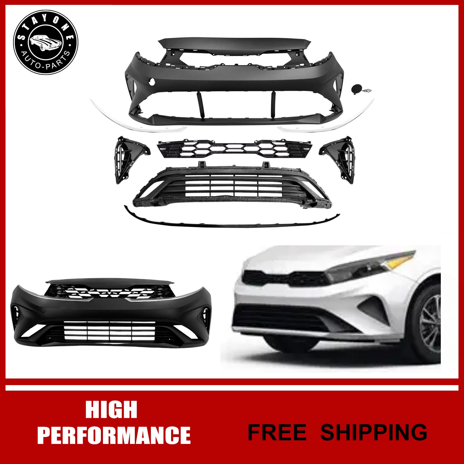 Fits 2022-2024 Kia Forte Complete Front Bumper Cover Grille Set W/o Running Lamp