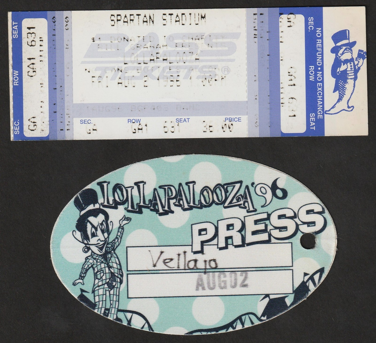 Lollapalooza 1996 Unused Backstage Press Pass And Ticket San Jose CA Metallica