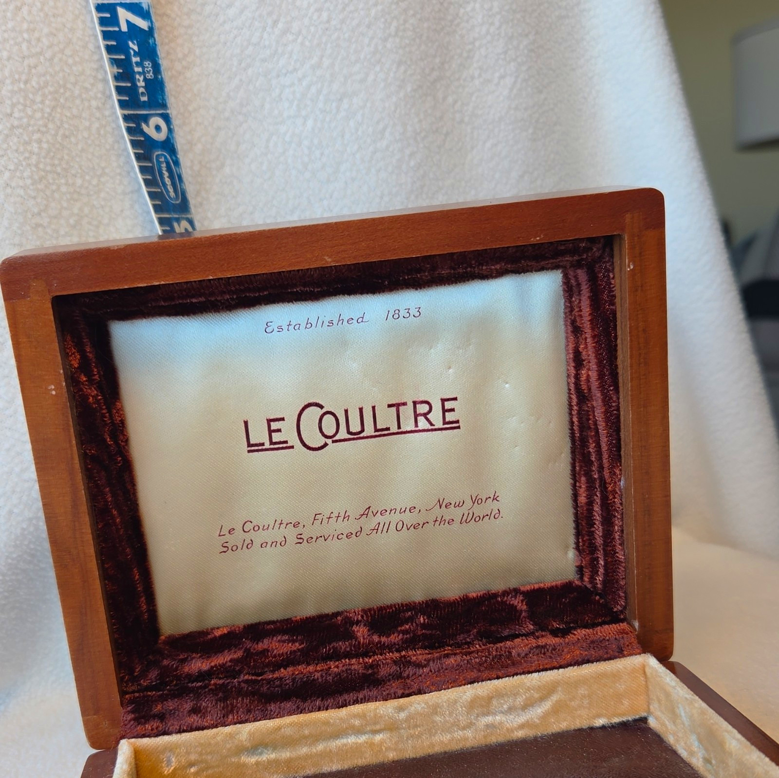 1940s 1950s Vintage Wood LeCoultre Watch Presentation Box Velvet and Silk Lined