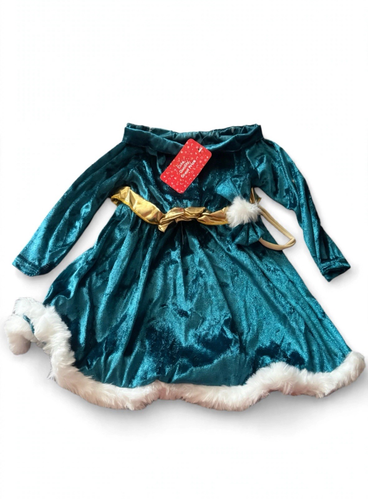 Girls Christmas Green Velvet Dress Long Sleeve Faux Fur Trim Gold Belt Girls Christmas Green Velvet Dress Long Sleeve Faux Fur Trim Gold Belt