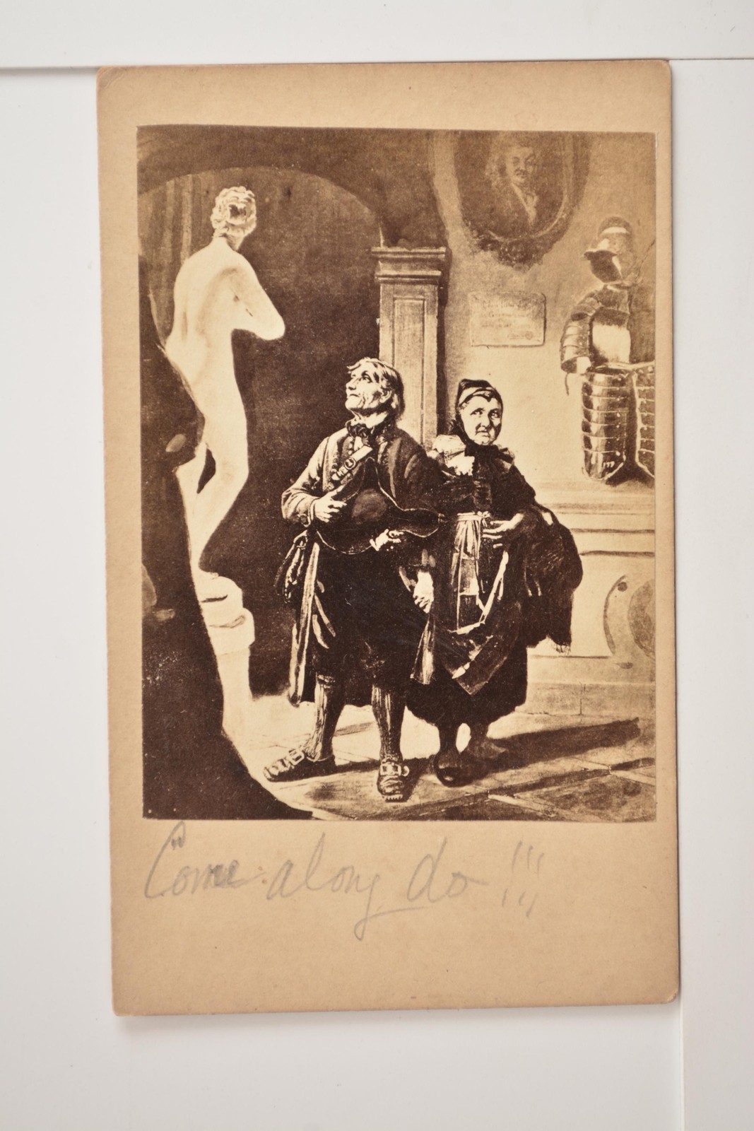 Humorous Art Print Older Couple Museum Nude Statue Come Along Do c1870s Photo