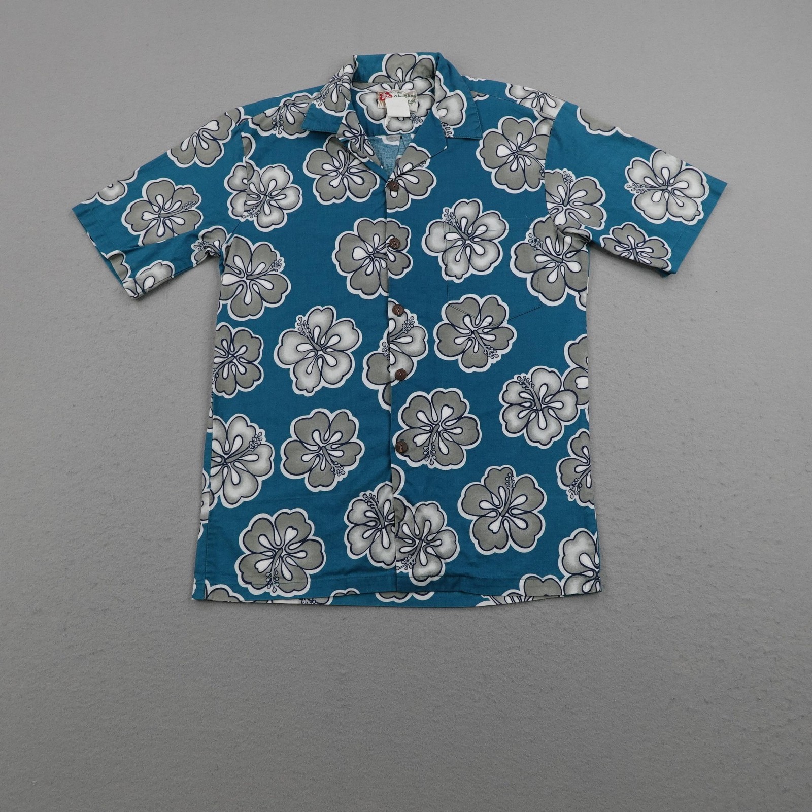 Vintage Hilo Hattie Shirt Mens Small Blue Gray Floral Hawaiian Aloha Button Up