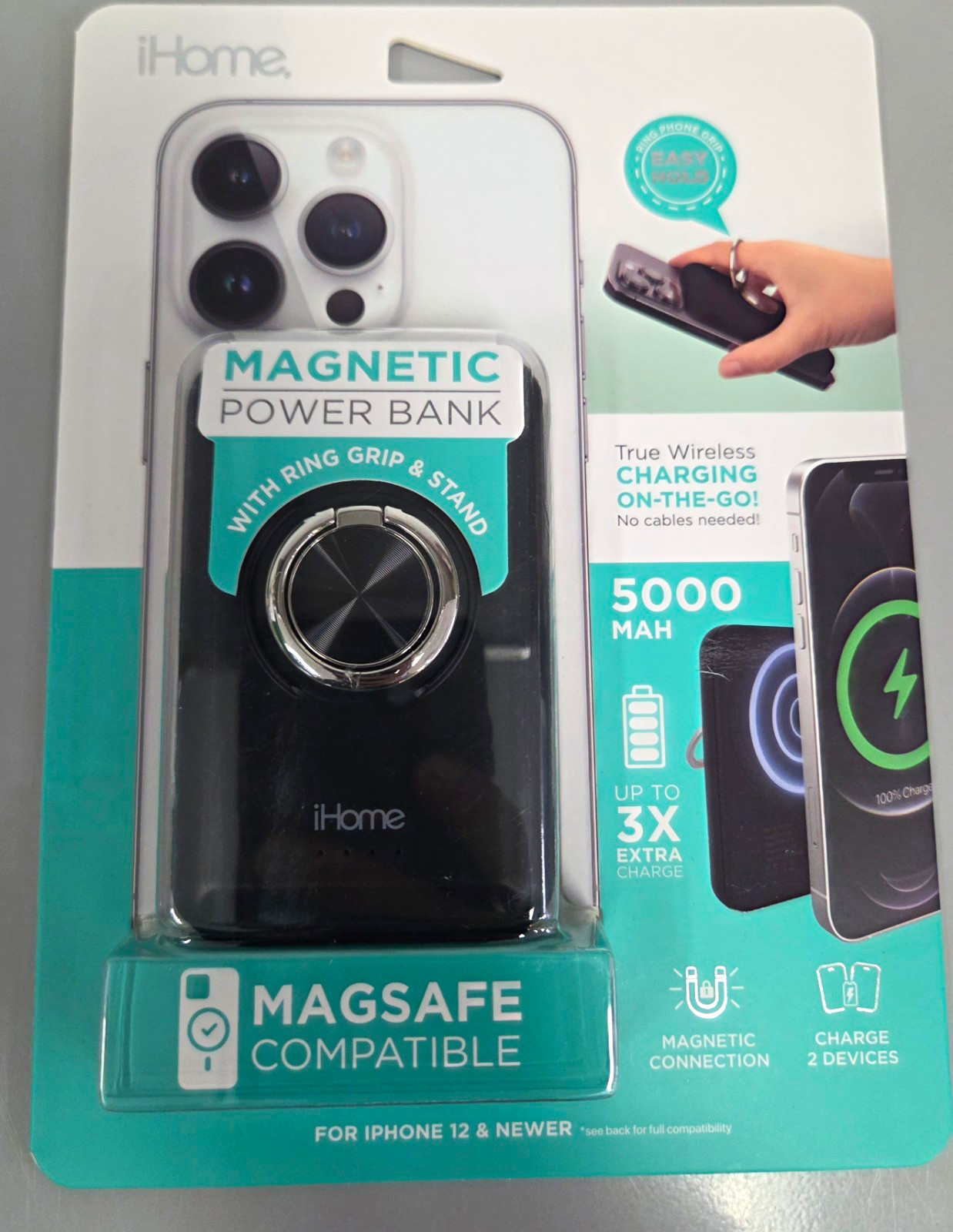 iHome Magnetic MagSafe Qi Wireless Power Bank 5000mAh Folding Ring Stand Black